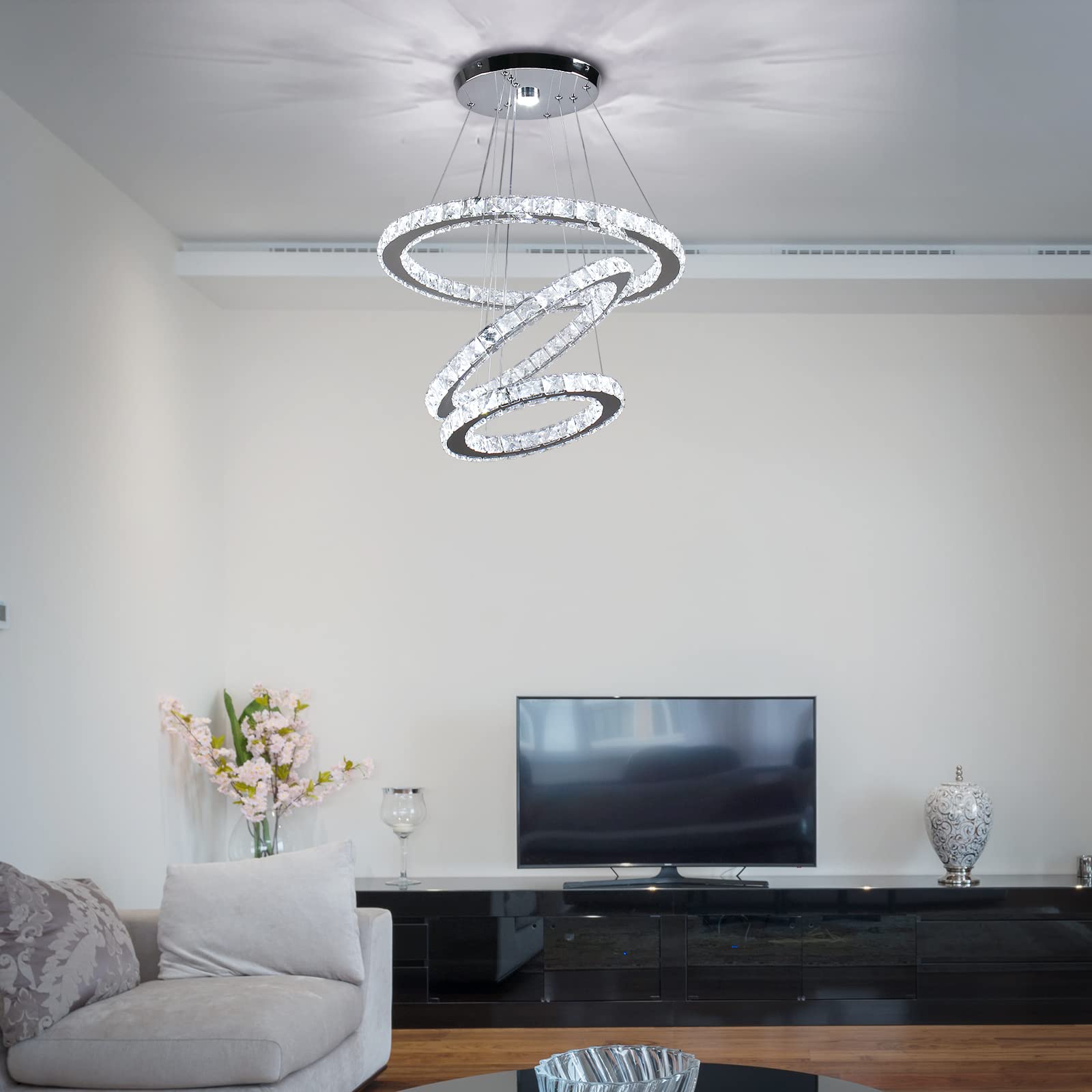 diisunbihuo LED Crystal Chandelier Pendant Light, Cool White, Size 30/40/50