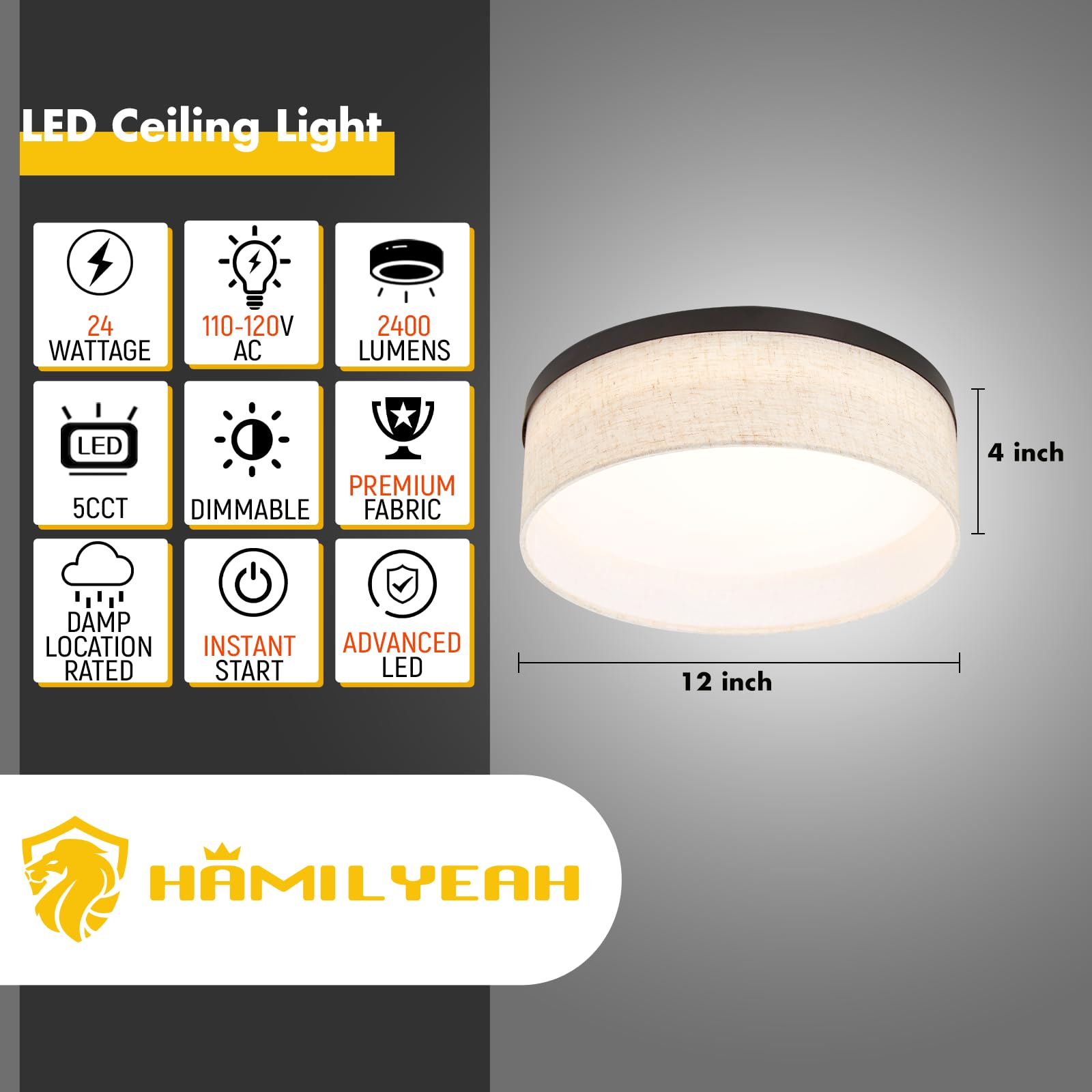 Hamilyeah Flush Mount Ceiling Light Fixture With White Fabric Shade, Led Close To Ceiling Lighting 24W, Modern 12 Inch Round Light Fixtures Ceiling Mount For Bathroom, Bedroom, Living Room,Kitchen
