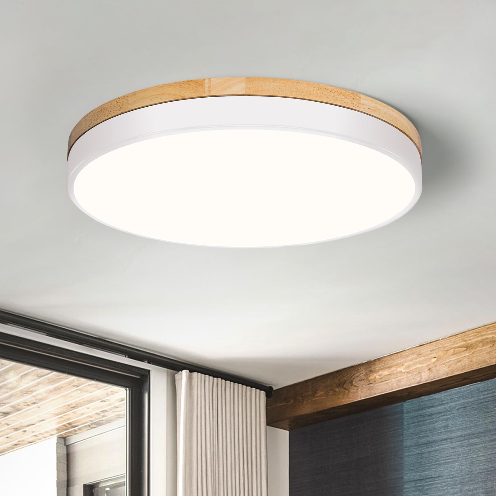 VIOLOEMI Modern Wood White Flush Mount Ceiling Light, 11.81 Round LED Low Profile Close to Ceiling Fixture for Kitchen Bedroom B