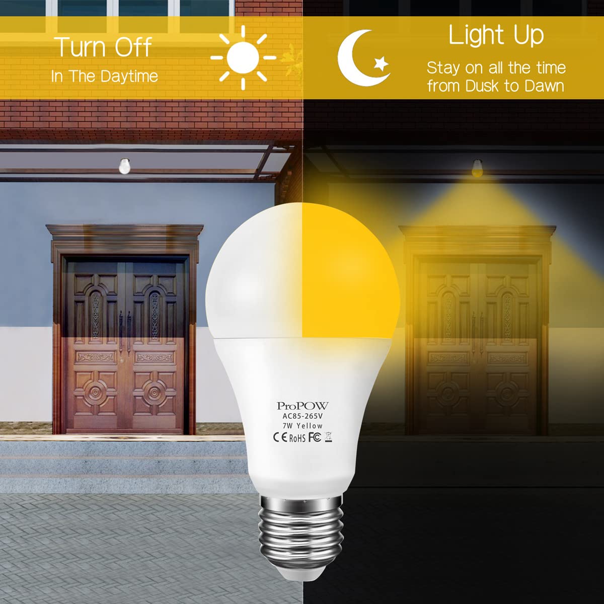 ProPOW Amber Yellow LED Light Bulb, 7W Dusk to Dawn, 40W Equivalent, A19, E26, 580 Lumens, 2 Pack