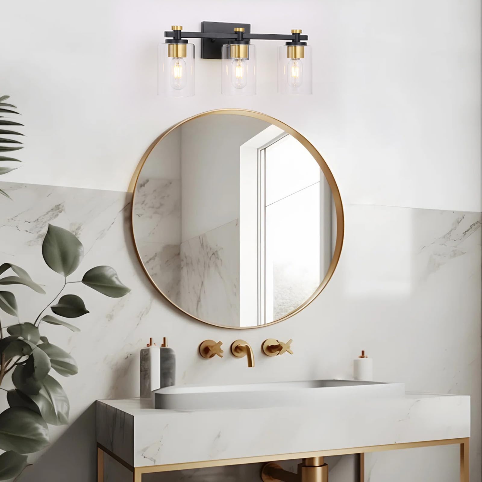 Jdvads 3 Light Bathroom Vanity Light Fixtures, Black and Gold, Metal, Clear Glass Shade, Model VL001-3-BG