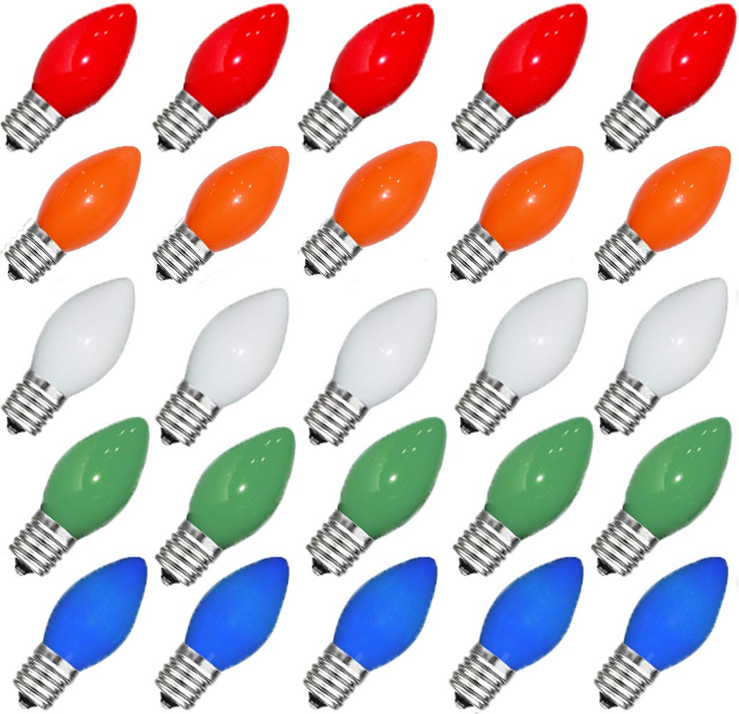 Goothy 25 Pack C7 Multicolor Christmas Replacement Bulbs, Multicolor Ceramic Light Bulbs For Christmas Outdoor Patio Indoor Stri