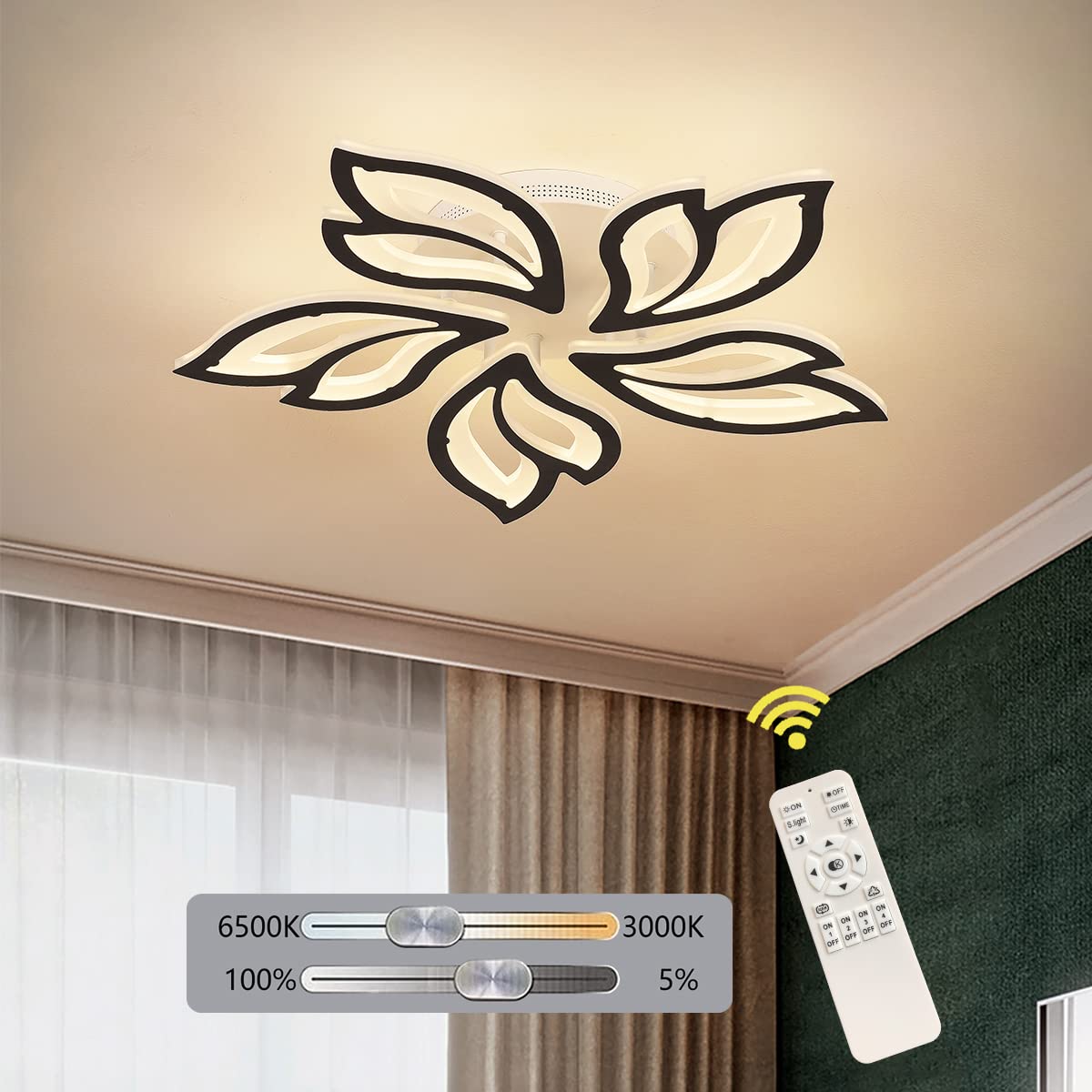 Garwarm LED Ceiling Light Fixture, 60W Modern Leaves Ceiling Lamp Dimmable Black Flush Mount Ceiling Chandelier for Living Room 