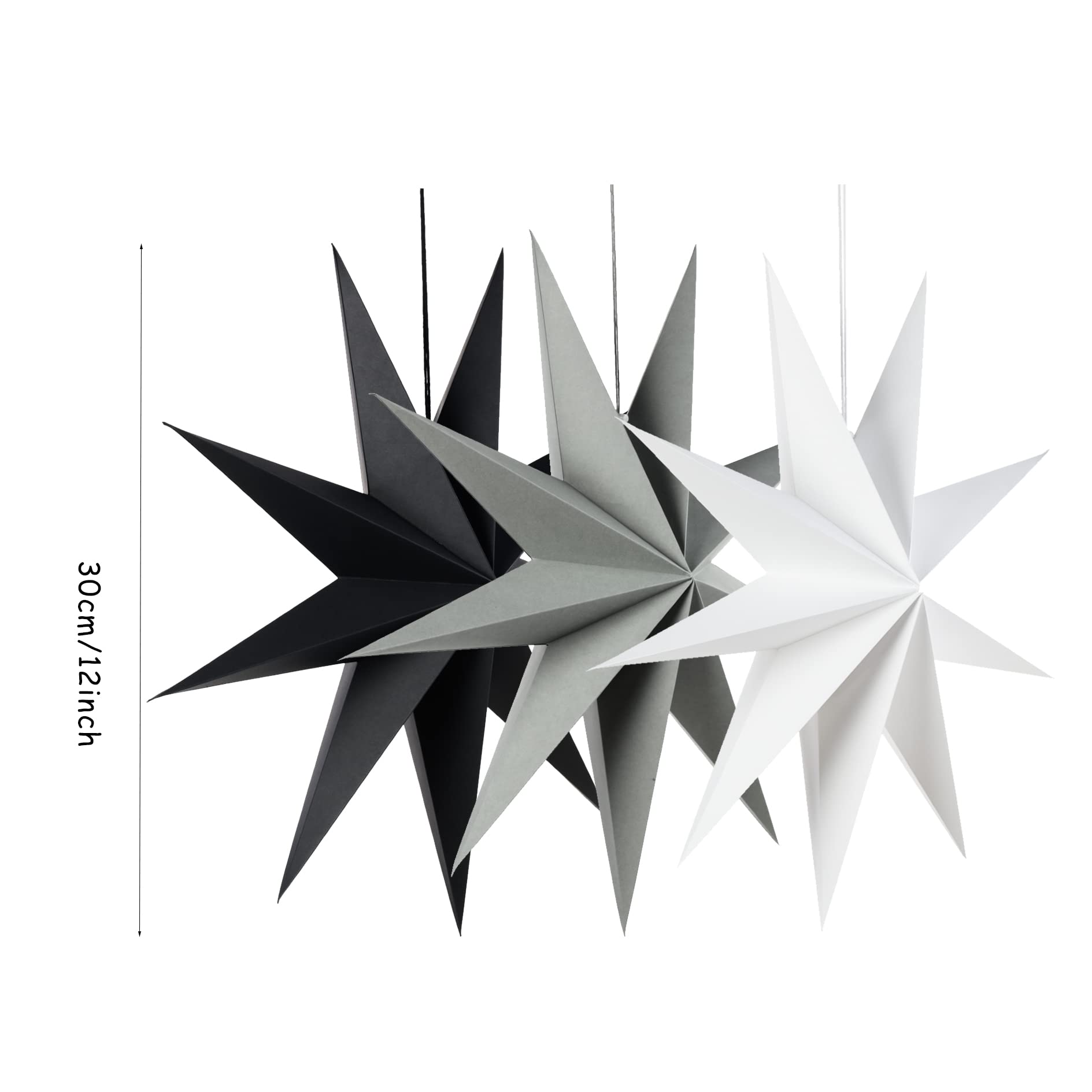 Sunbeauty 3 Pcs 9-Pointed Paper Star Lanterns 12 Inch Hanging Lampshade Wedding Birthday Christmas Home New Year Party Decoratio