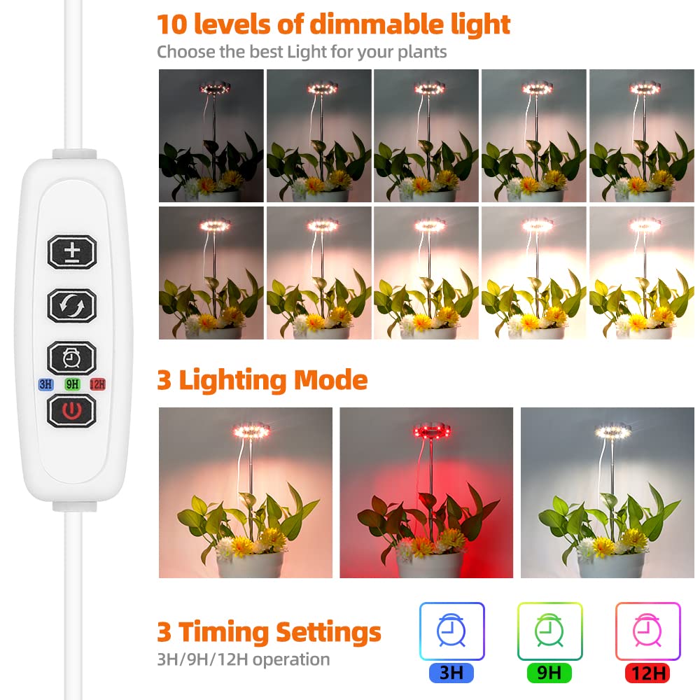 Grow Light, Canagrow 2 Pack Full Spectrum Led Plant Lights For Indoor Plants, Height Adjustable Plant Halo Growing Lamps, Auto On/Off Timer, 3 Lighting Modes & 10 Dimmable Brightness For Small Plants