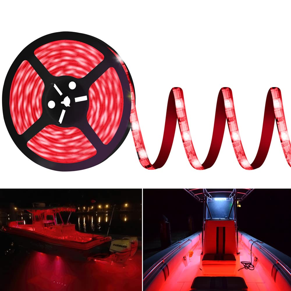HOKIION Pontoon LED Boat Lights, Waterproof 20FT Strip, Under Gunnel & Deck Lighting, Model HK3273TEJFRHD, Red