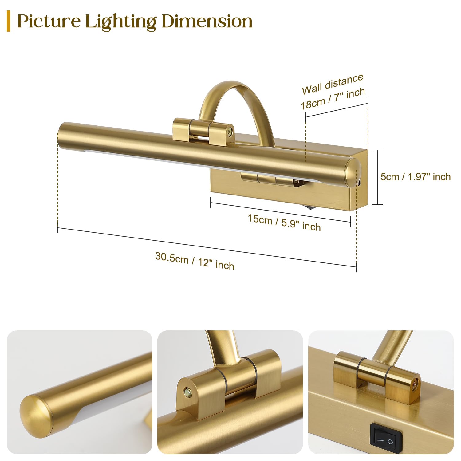 DESOOP Wireless Picture Lights - Brass 12 Inch Art Lamps with Remote, Timer, Dimmable, Battery Operated, Model 7115
