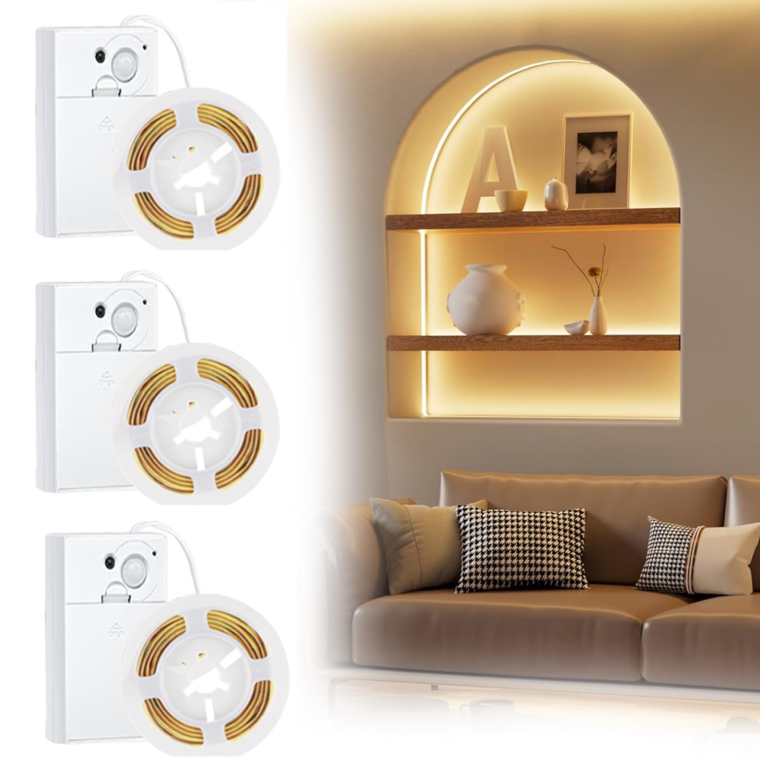 Battery Powered Led Strip Lights  Cob Motion Sensor Led Strip Lights 20 Inch X 3 Pack For Kitchen Under Cabinet Lighting  Shelves  Under Counter  Closet  Cordless Click Light  Warm White 3000K