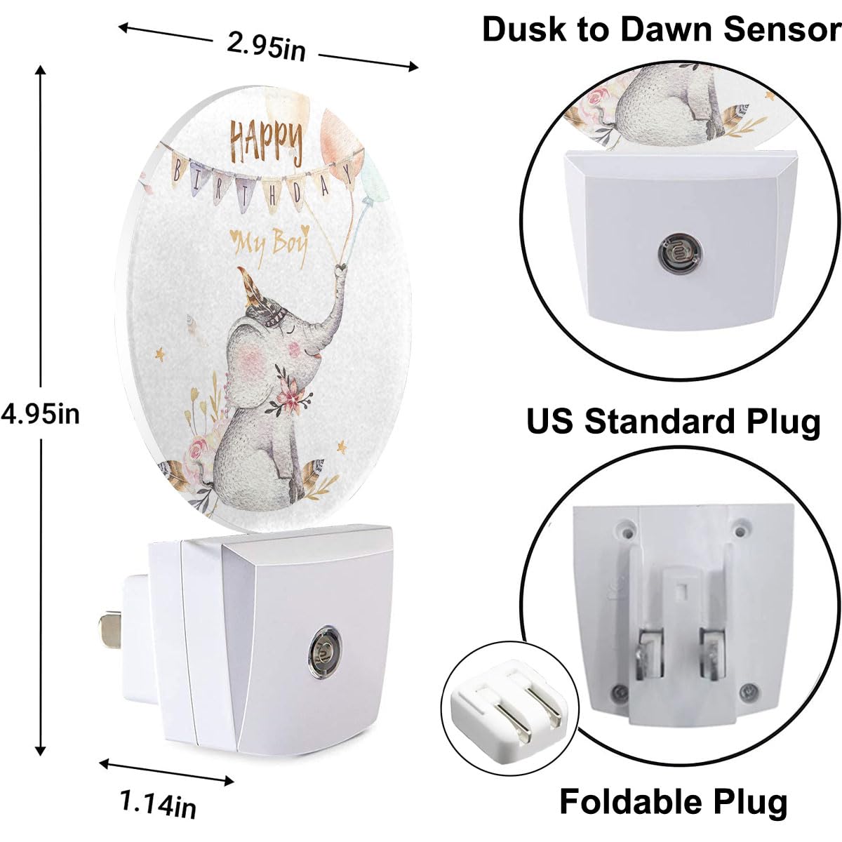 Uanvaha Cute Elephant Night Light Happy Birthday Elephant Nursery Animal Plug In Night Lights Auto Led Lamp Energy Saving Round