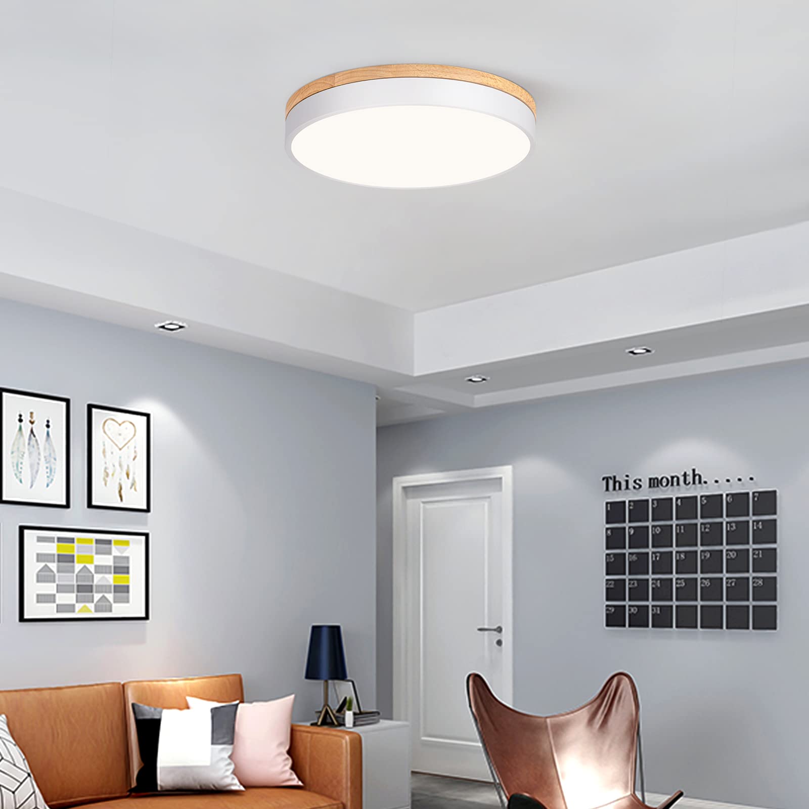 Vikaey Modern Wood Led Ceiling Light Fixture, Milimalist White Flush Mount Ceiling Lights, 4000K Round Ceiling Fixtures For Livi