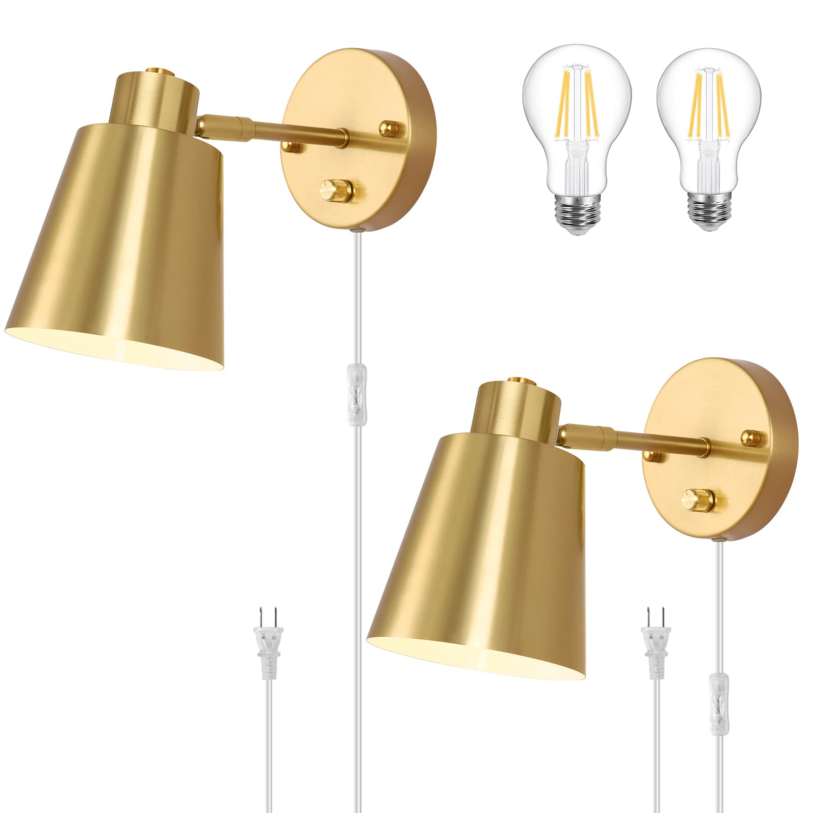 Vatoni Dimmable Gold Wall Sconces, Adjustable Angle Plug-In Lights, 2 Pack With Bulbs