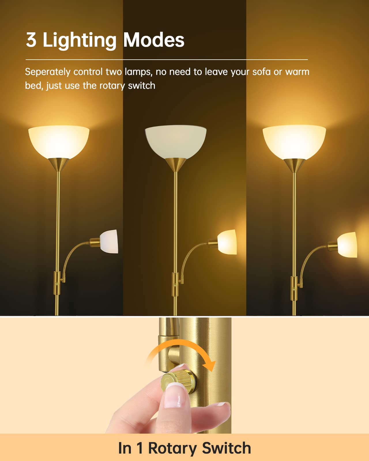 Boostarea Floor Lamp, Gold Standing Lamp, Led Torchiere Floor Lamps With Adjustable Reading Lamp, 71'' Tall Pole Lamp,3 Way Swit