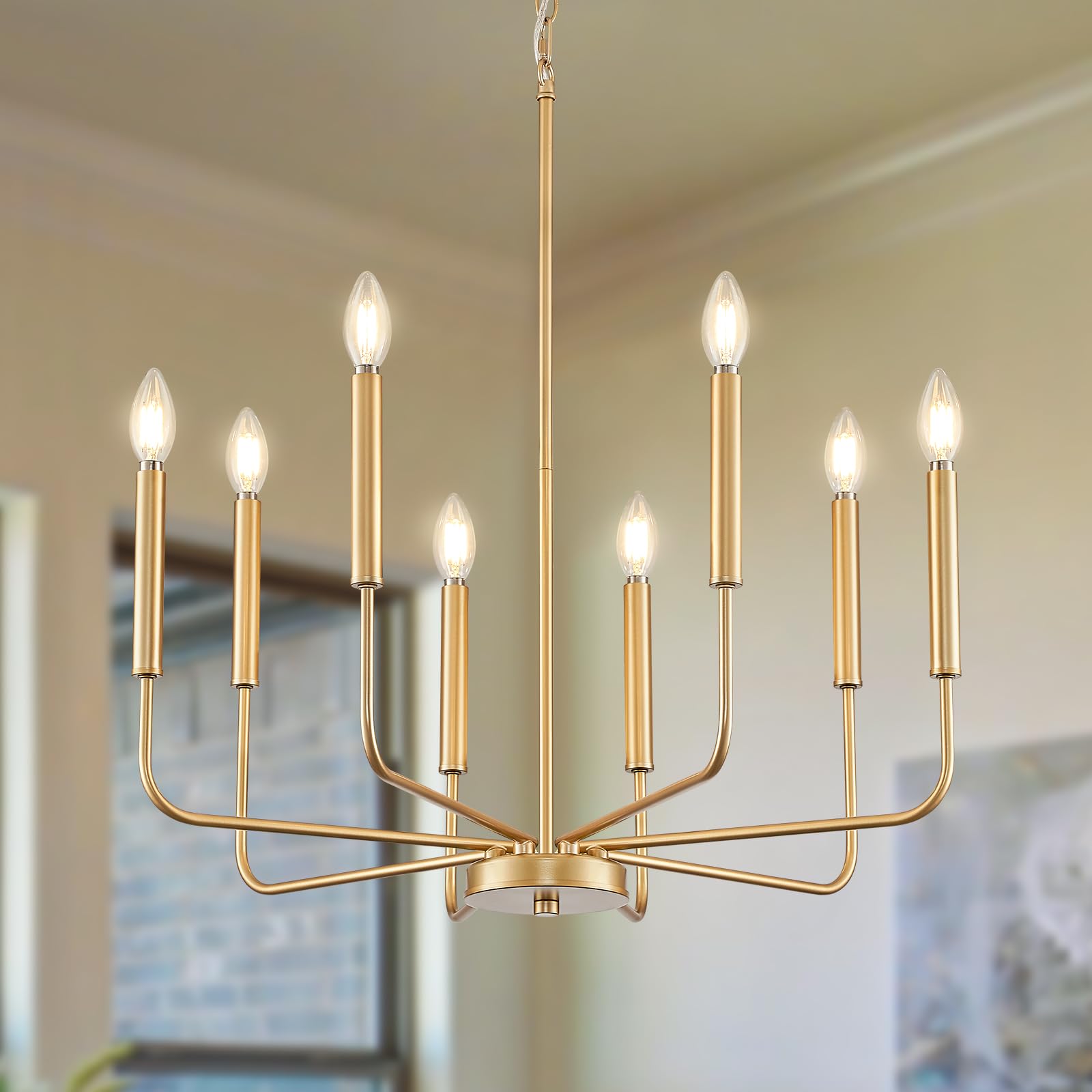 ONESMING Modern Gold Chandelier for Dining Room,Metal 8-Light Kitchen Light Fixtures, Farmhouse Candle Hanging Pendant Light for