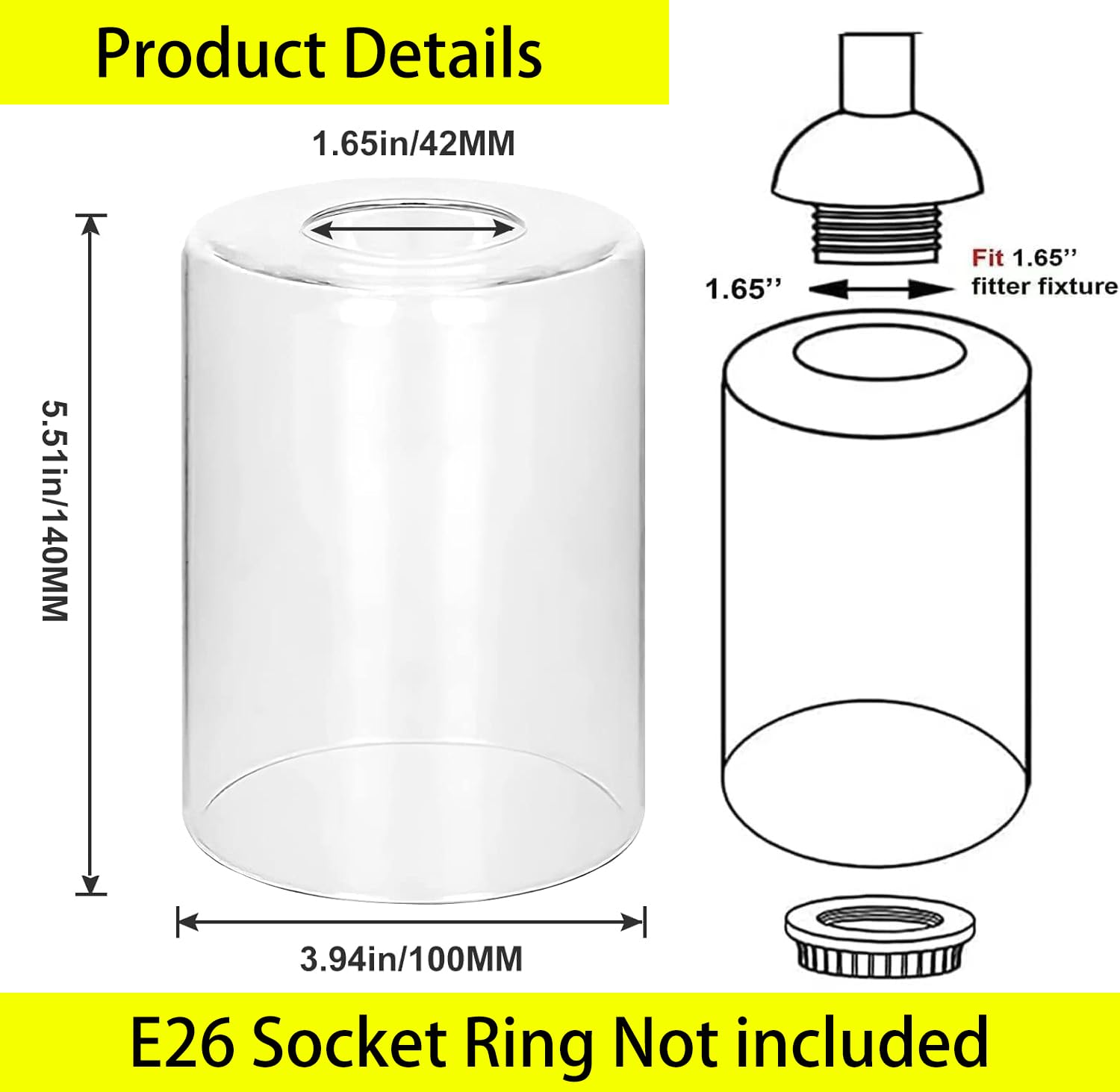 Go&So 6 Pack Clear Glass Lamp Shade Replacement, 5.5" Height, 3.54" Diameter, 1.65" Fitter - Cylinder Glass Pendant Light Shades Only,High Transmittance For Chandelier Shades,Floor Lamps,Wall Sconces