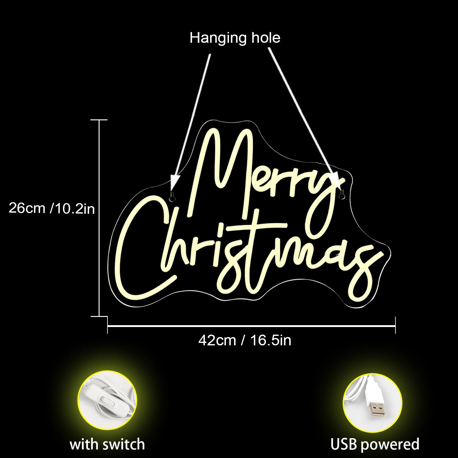 WLHOPE Merry Christmas Neon Sign, Dimmable LED Wall Decor, 12.6x16.14in, Warm White Acrylic