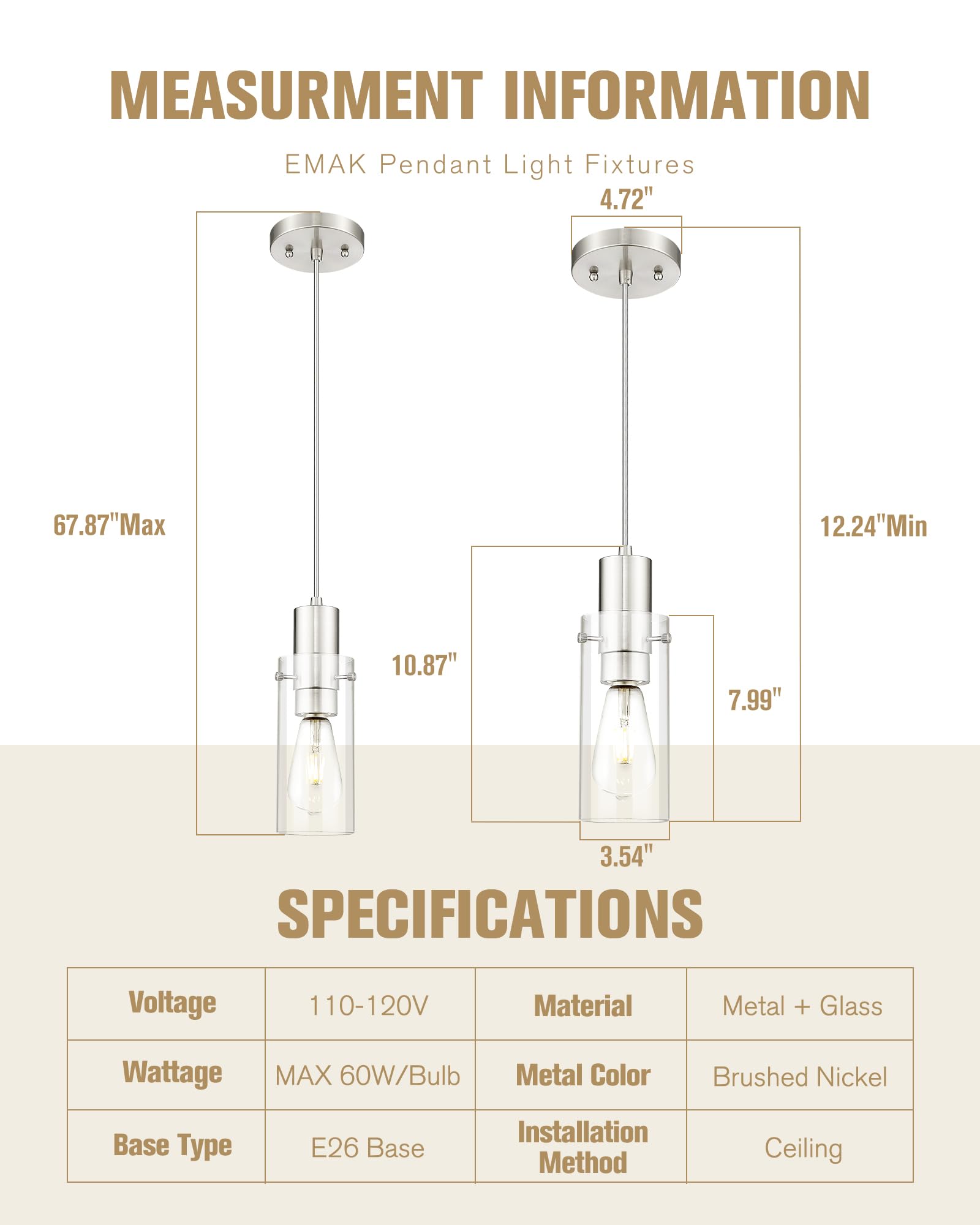 Emak Cylinder Pendant Lights Kitchen Island, Modern Brushed Nickel Pendant Light With Clear Glass Shade, 1 Light Pendant Lightin