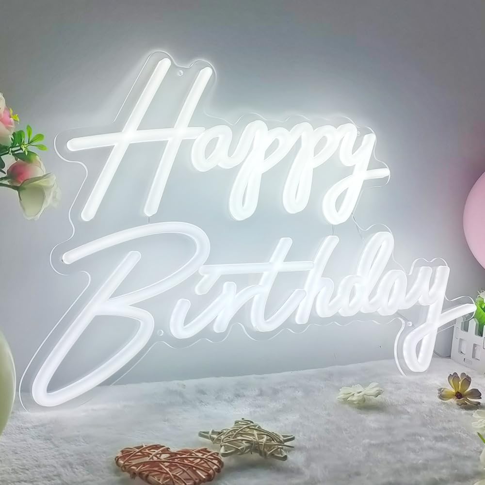 Colysor Happy Birthday Neon Sign, LED Wall Decor, Dimmable, 23x14inch, White, Model 001