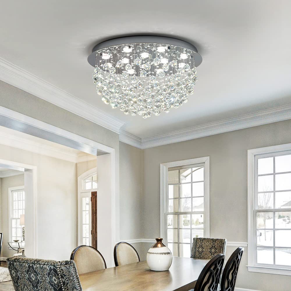 SM Saint Mossi 12-Lights Modern Chandelier, K9 Crystal Flush Mount Light Fixture, H13", Silver Finish for Bedroom, Dining Room, Living Room