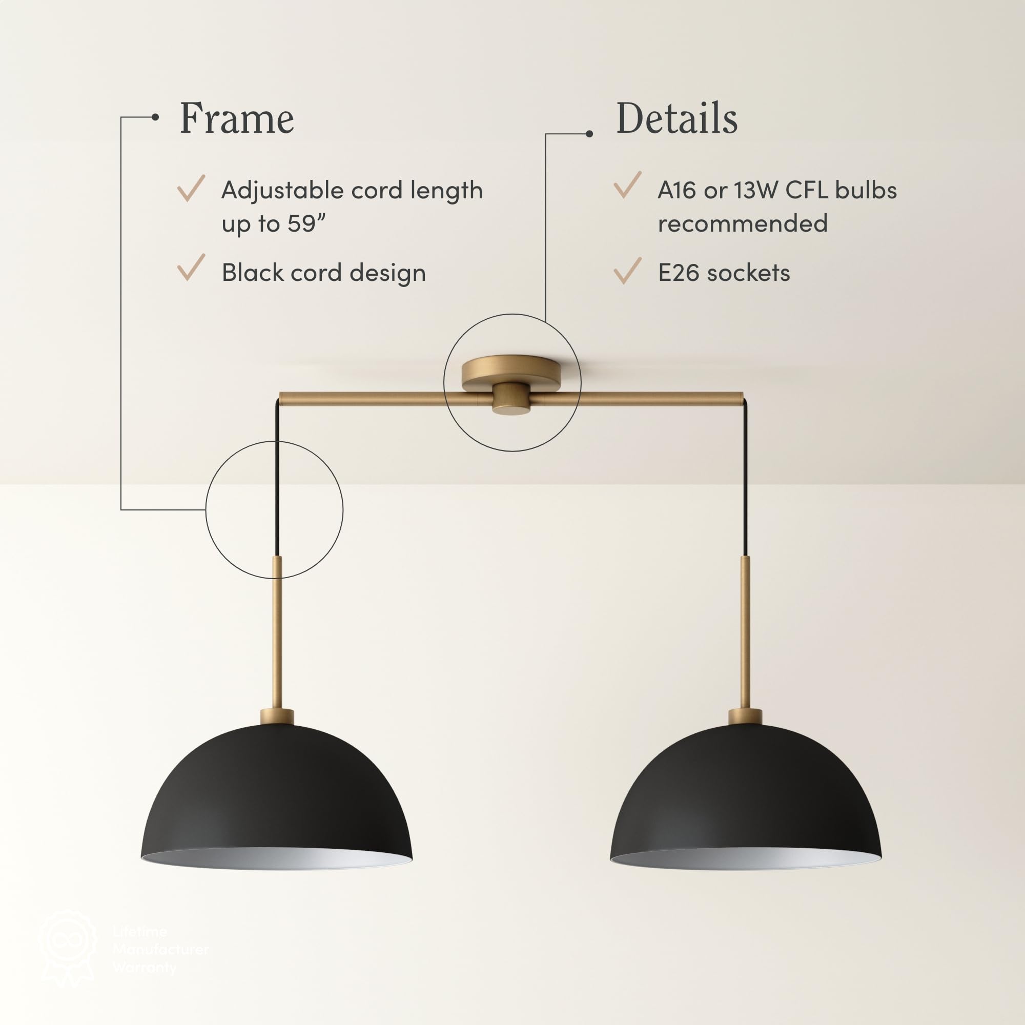 Nathan James Percy 2-Light Pendant Island Light Fixture, Metal Shade, Adjustable Cord, Set of 2, Black/Vintage Brass, Model 12303-2