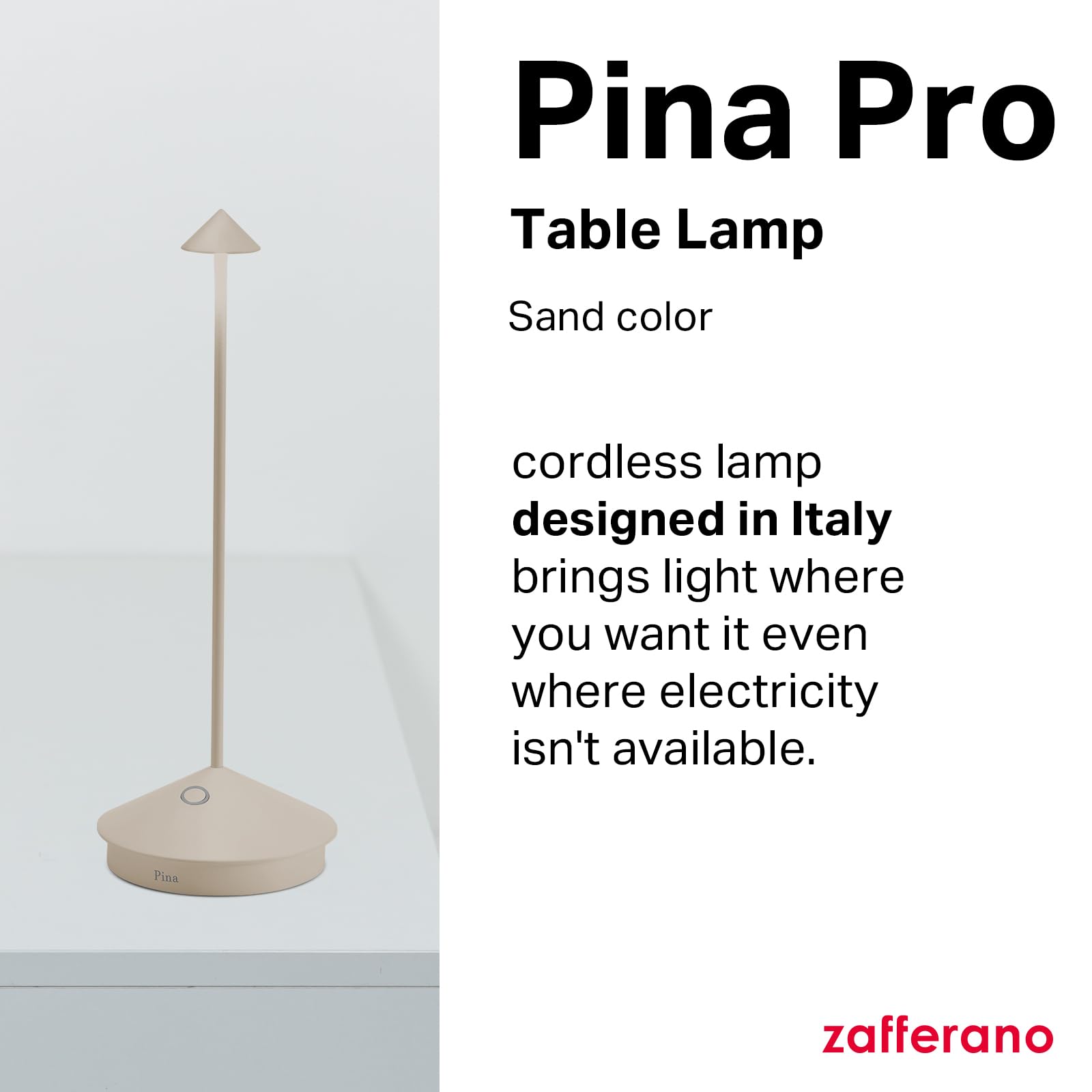 Zafferano Pina Pro Lamp Rechargeable Cordless Table Lamp Touch Control 11.4in Sand Aluminum Model LD0650S4