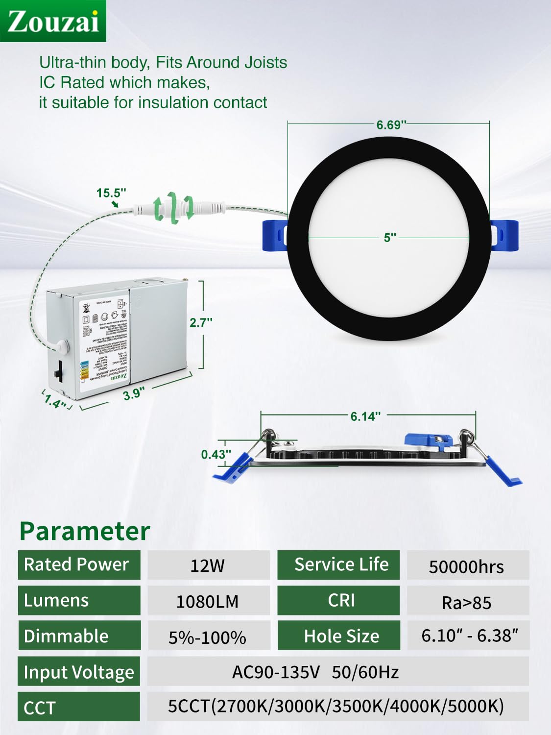 Zouzai 12 Pack 6 Inch Black 5Cct Reset Led Recessed Ceiling Light With Junction Box, 2700K/3000K/3500K/4000K/5000K Selectable, 1