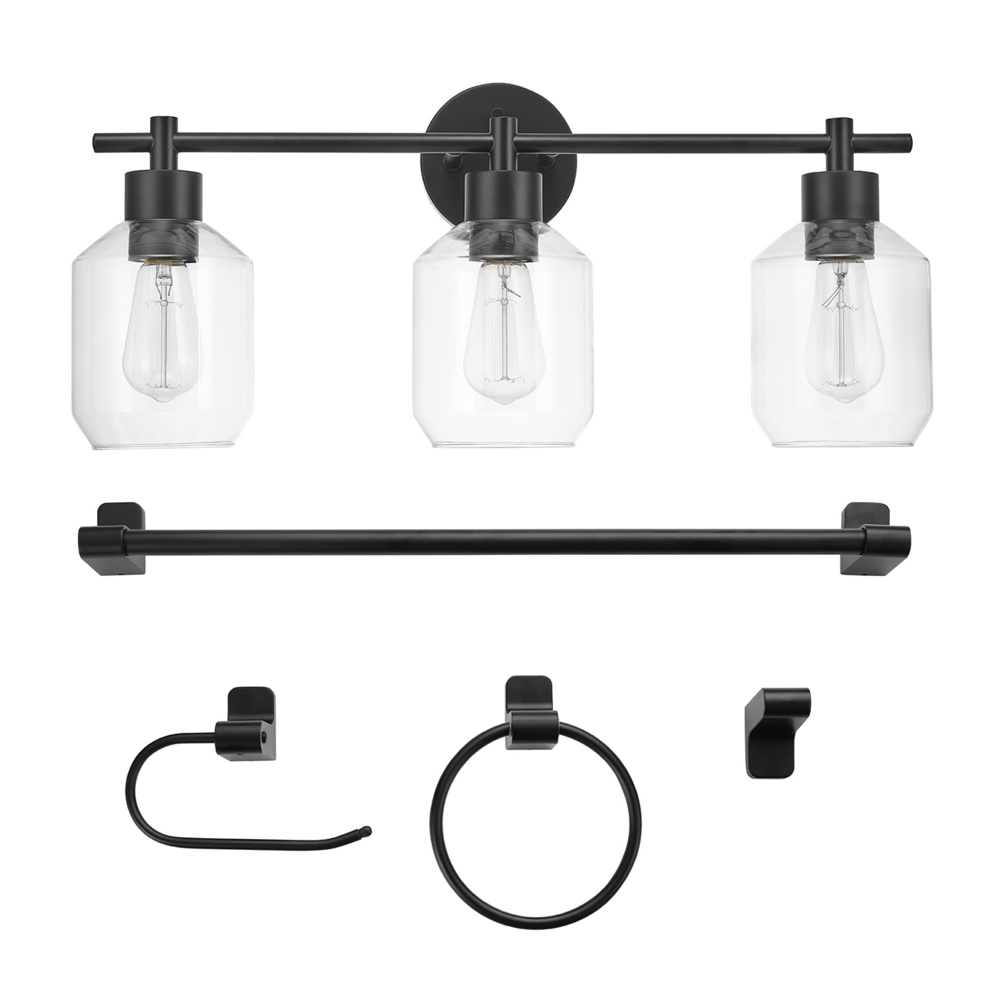 Globe Electric Cannes 5-Piece Bathroom Set, Matte Black, 3-Light Vanity Light, Metal, Model 65556