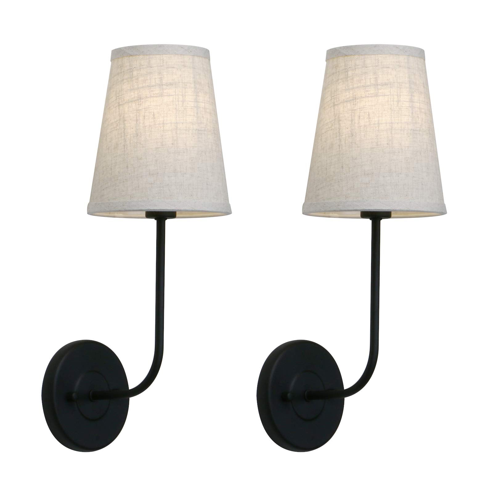 Pathson Set Of 2 Vintage Wall Sconces Linen Fabric Shade, Bathroom Vanity Lights Dark Black Finish, Industrial Wall Mounted Fixt