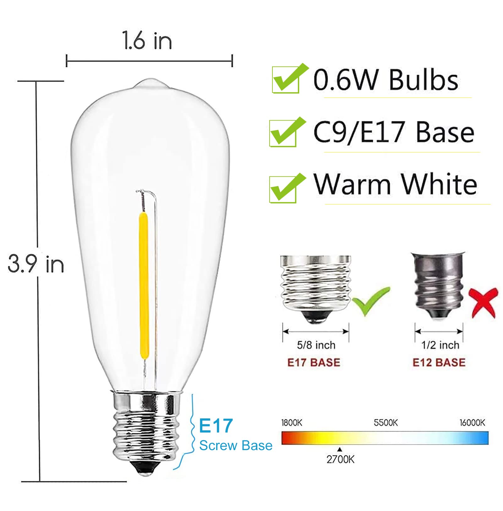 Abeja 10 Pack Led Edison Light Bulbs, 0.6 Watt/E17 Screw Base St40 Replacement Bulbs, Shatterproof Dimmable Replacement Bulbs Fo