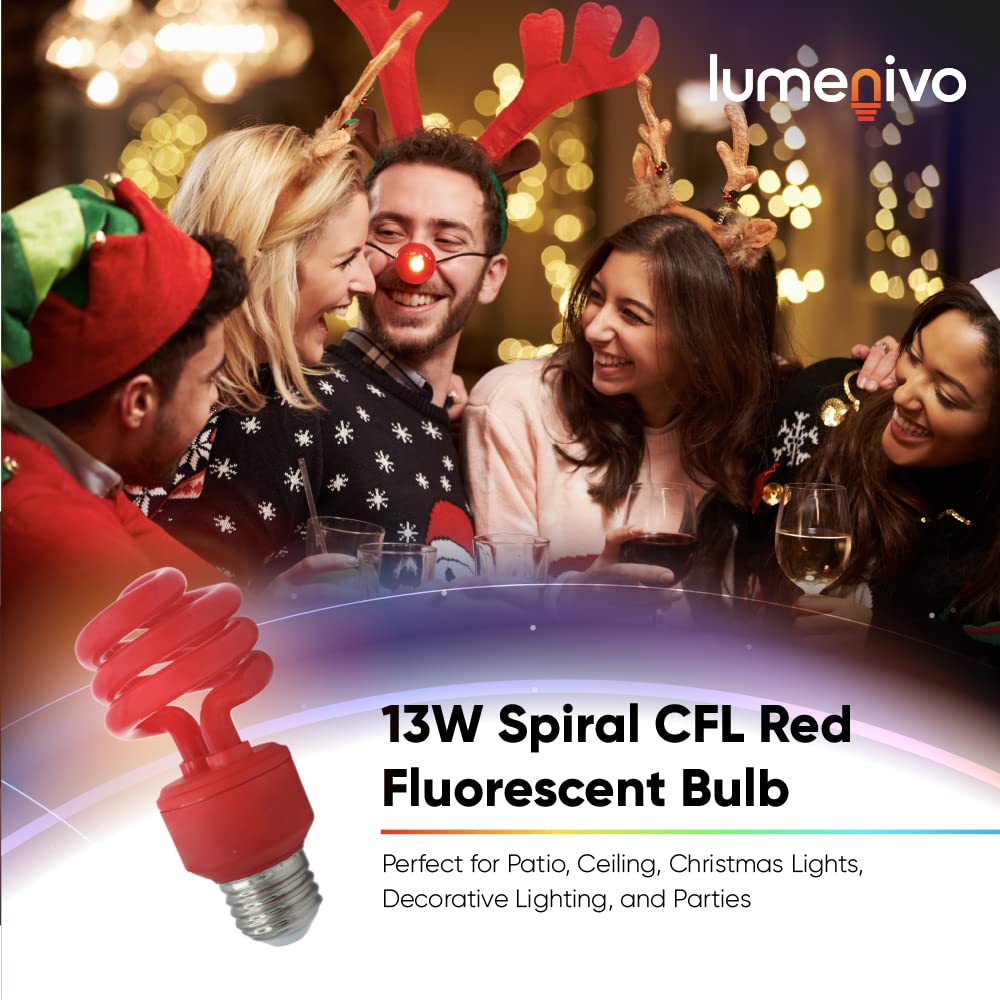 lumenivo 13W Spiral CFL Red Light Bulb, E26 Medium Screw Base, 120V, 4 Pack - Outdoor Decorative Lighting