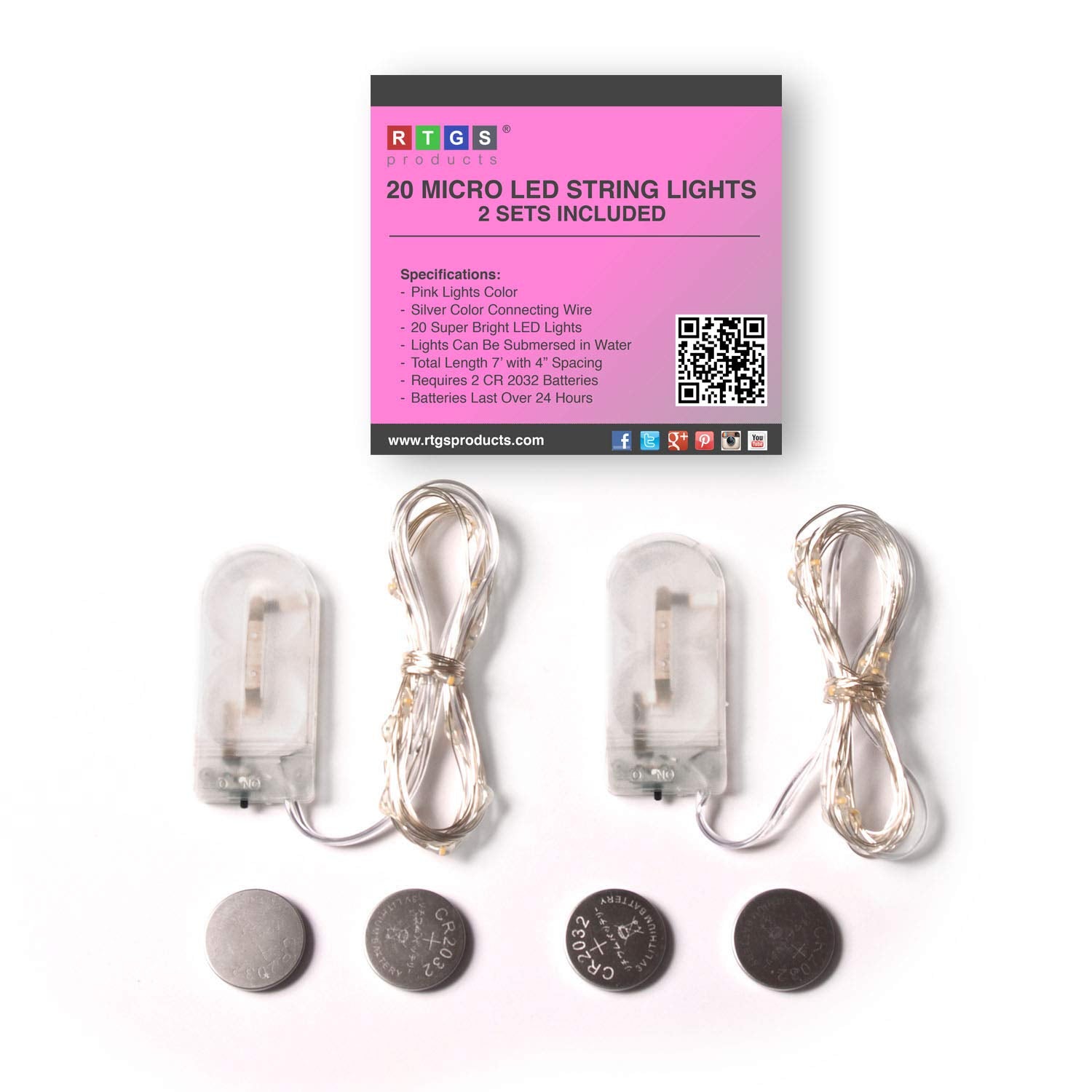 RTGS 2 Sets 20 LEDs Pink String Lights, Silver Wire, 6.5 ft, Battery Powered, Indoor/Outdoor Fairy Lights for DIY, Christmas, Party