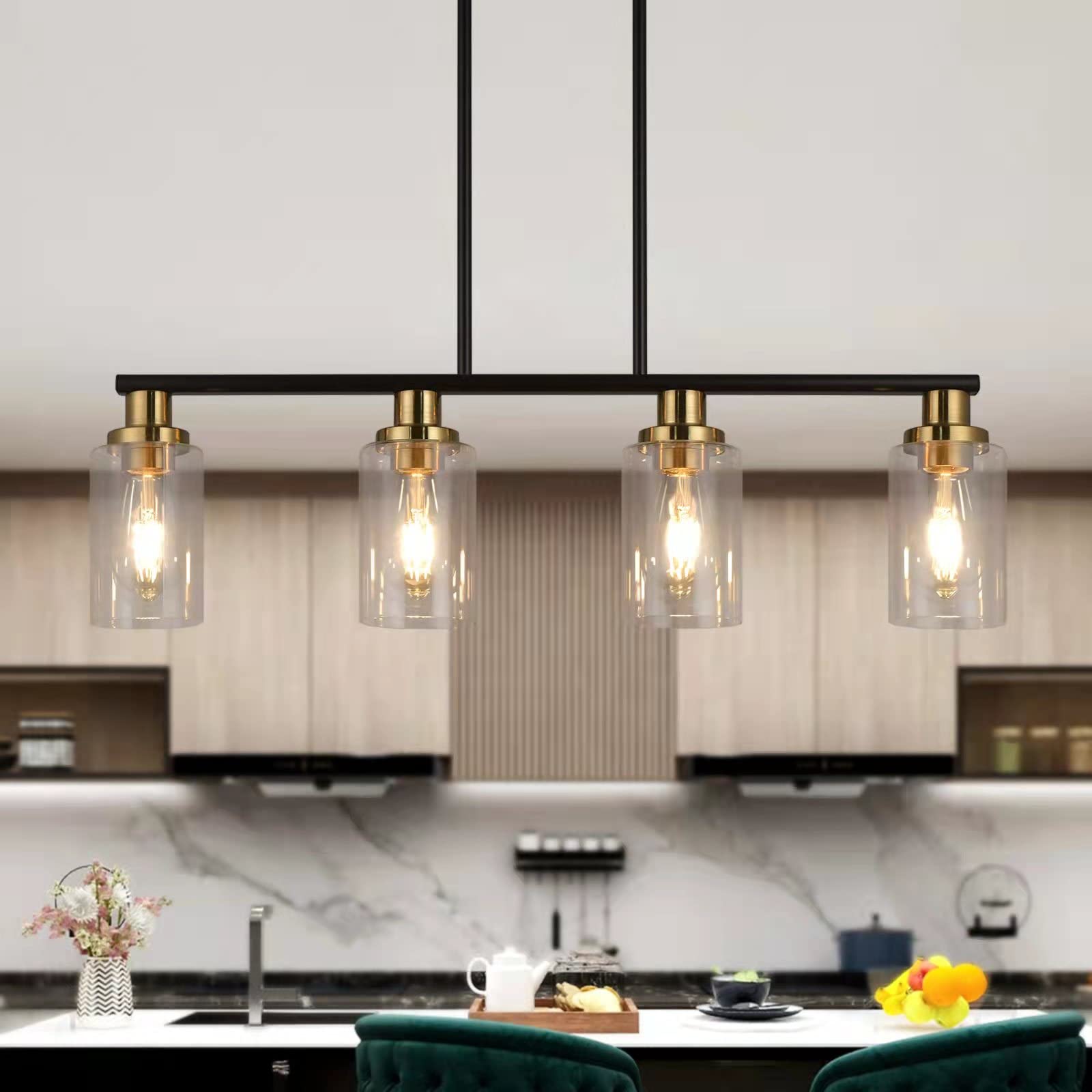 Kpiok Island Lights For Kitchen, 4-Light Farmhouse Dining Room Light Fixtures Over Table, Matte Black And Gold Linear Chandeliers For Dining Room,Industrial Pendant Lighting With Clear Glass Shade