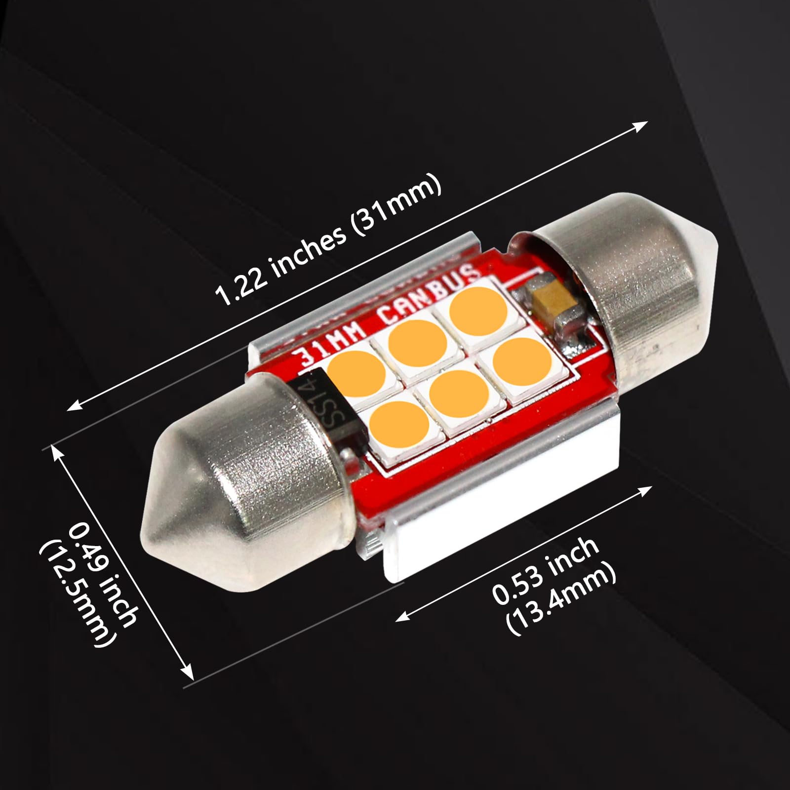 PHINLION Amber Yellow LED Light Bulbs, Festoon 31mm, Super Bright, Pack of 4