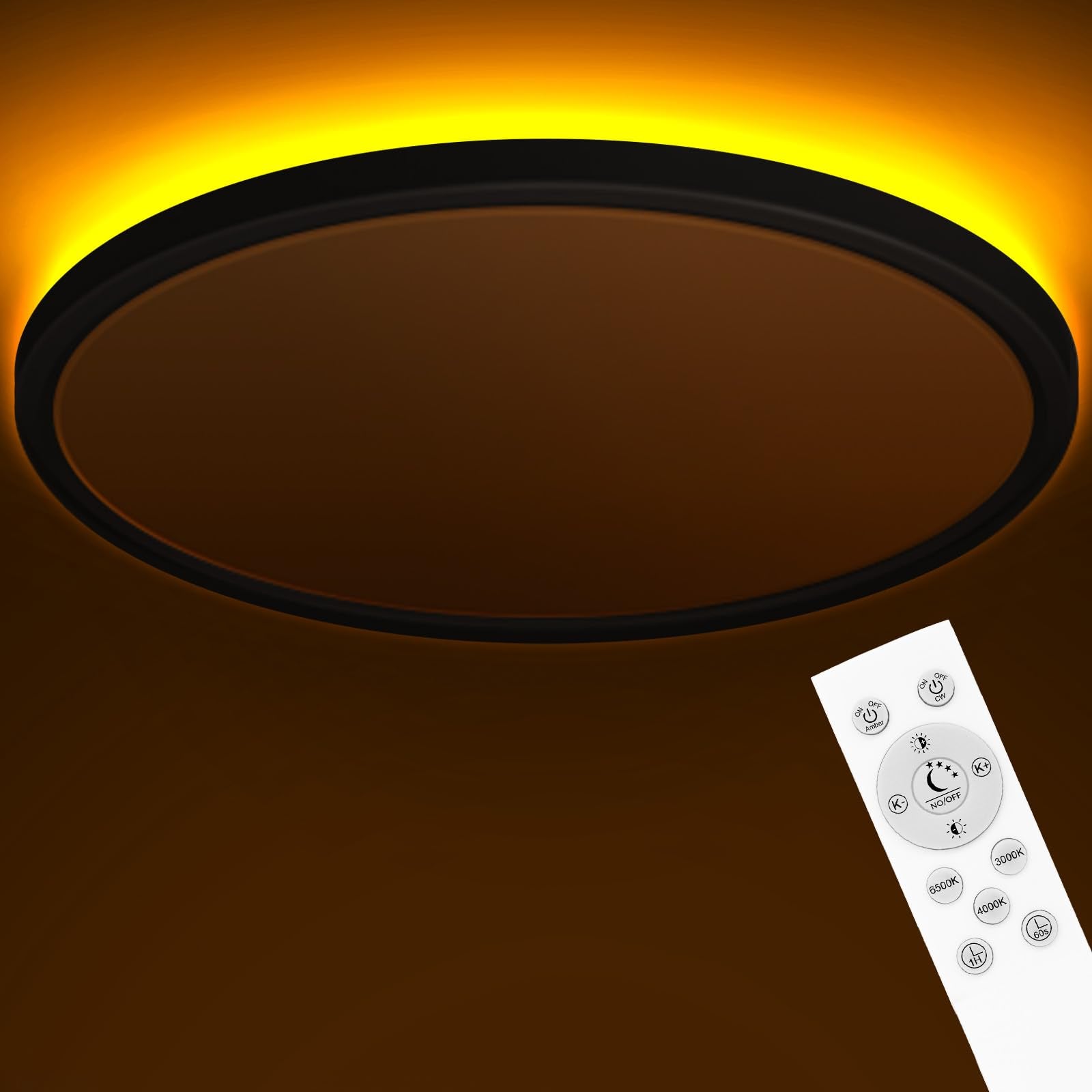 zemty 23 Inch LED Ceiling Light, Dimmable 3000K/4000K/6500K, Remote Control, Black, CLS60TA-BK