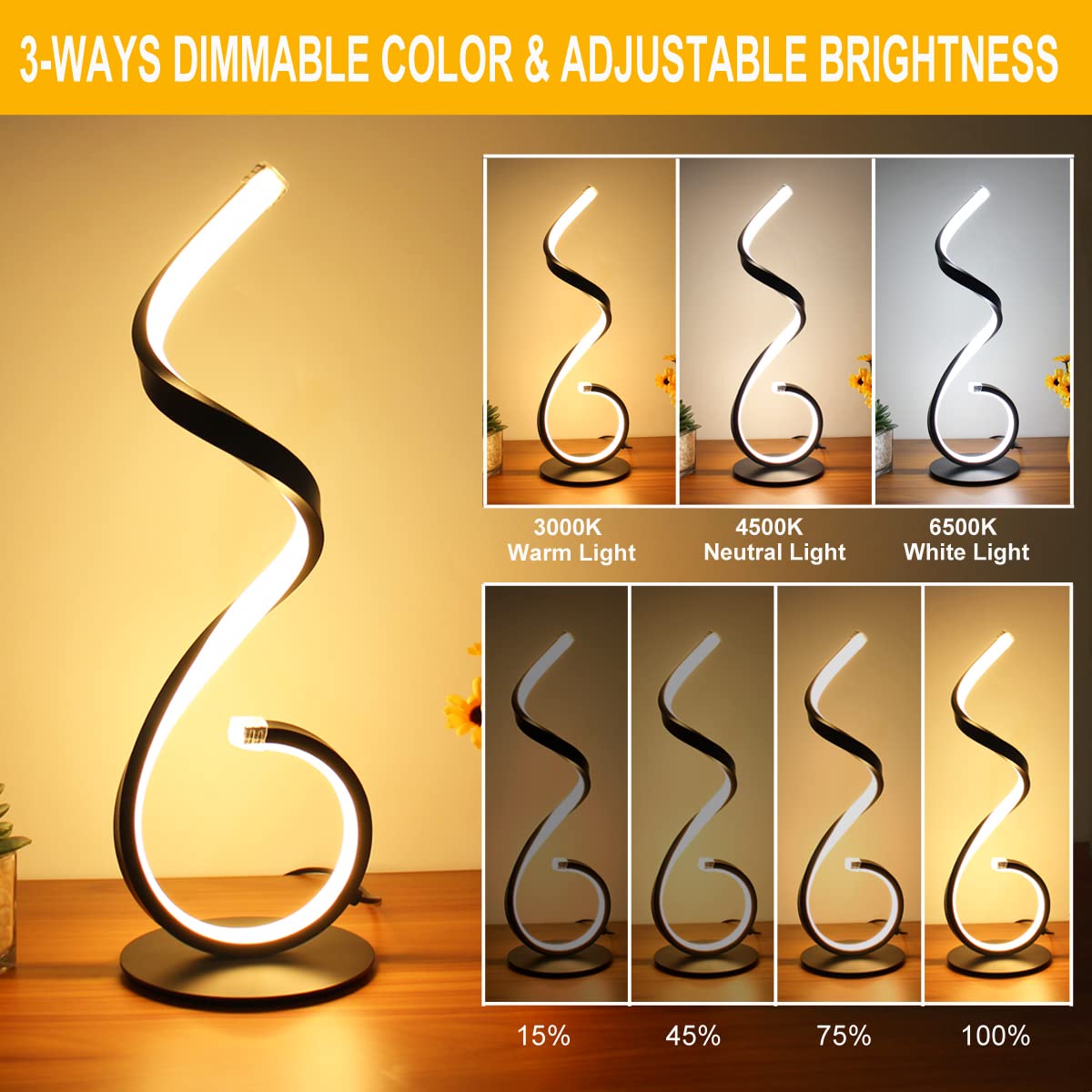 Besketie Modern Spiral Led Table Lamp - Dimmable 3 Color Modes, Black Aluminum Nightstand Light