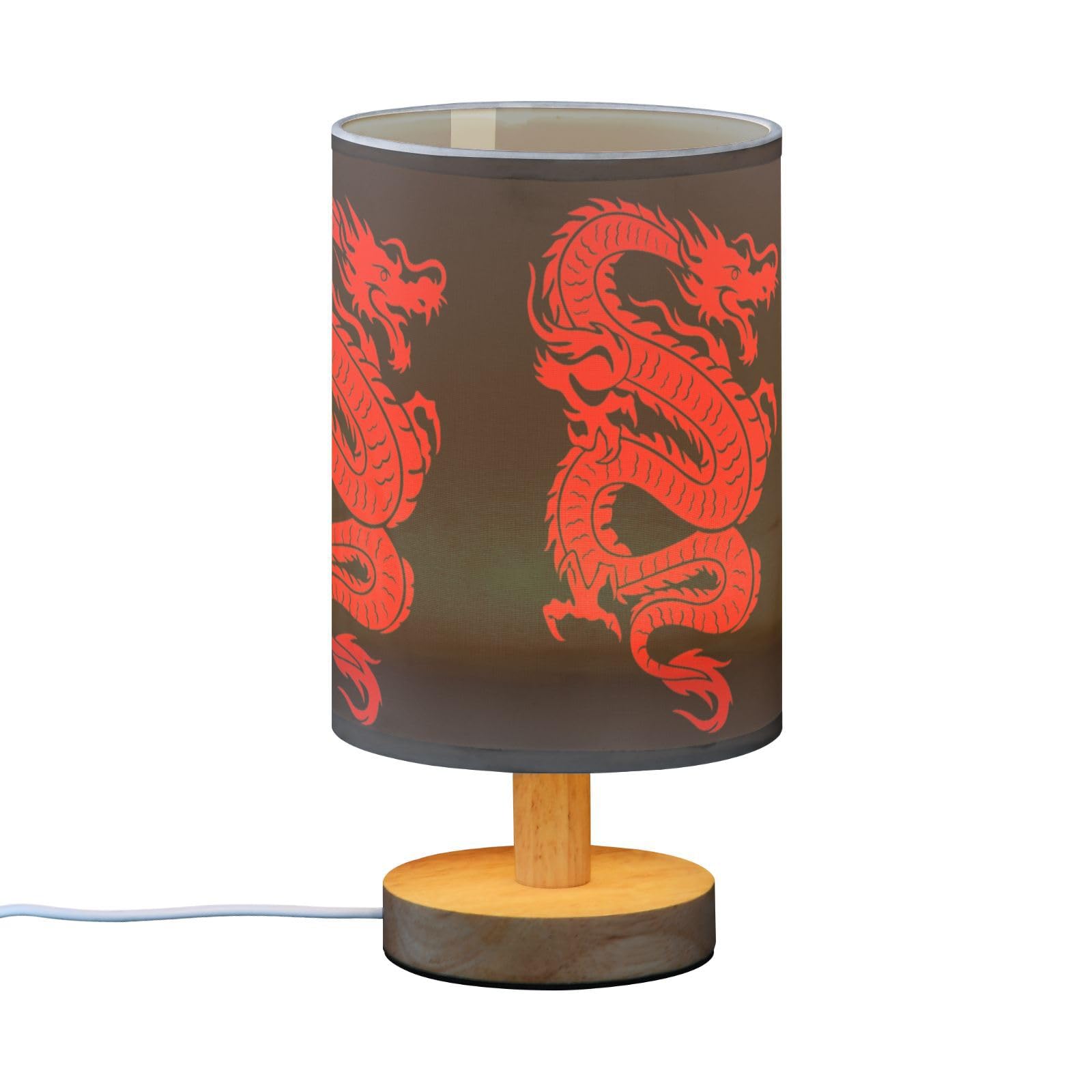 Yyzzh Table Lamp Red Chinese Dragon On Black Nightstand Lamp With Wood Base Fabric Lamp Shade Bedside Desk Lamp For Living Room