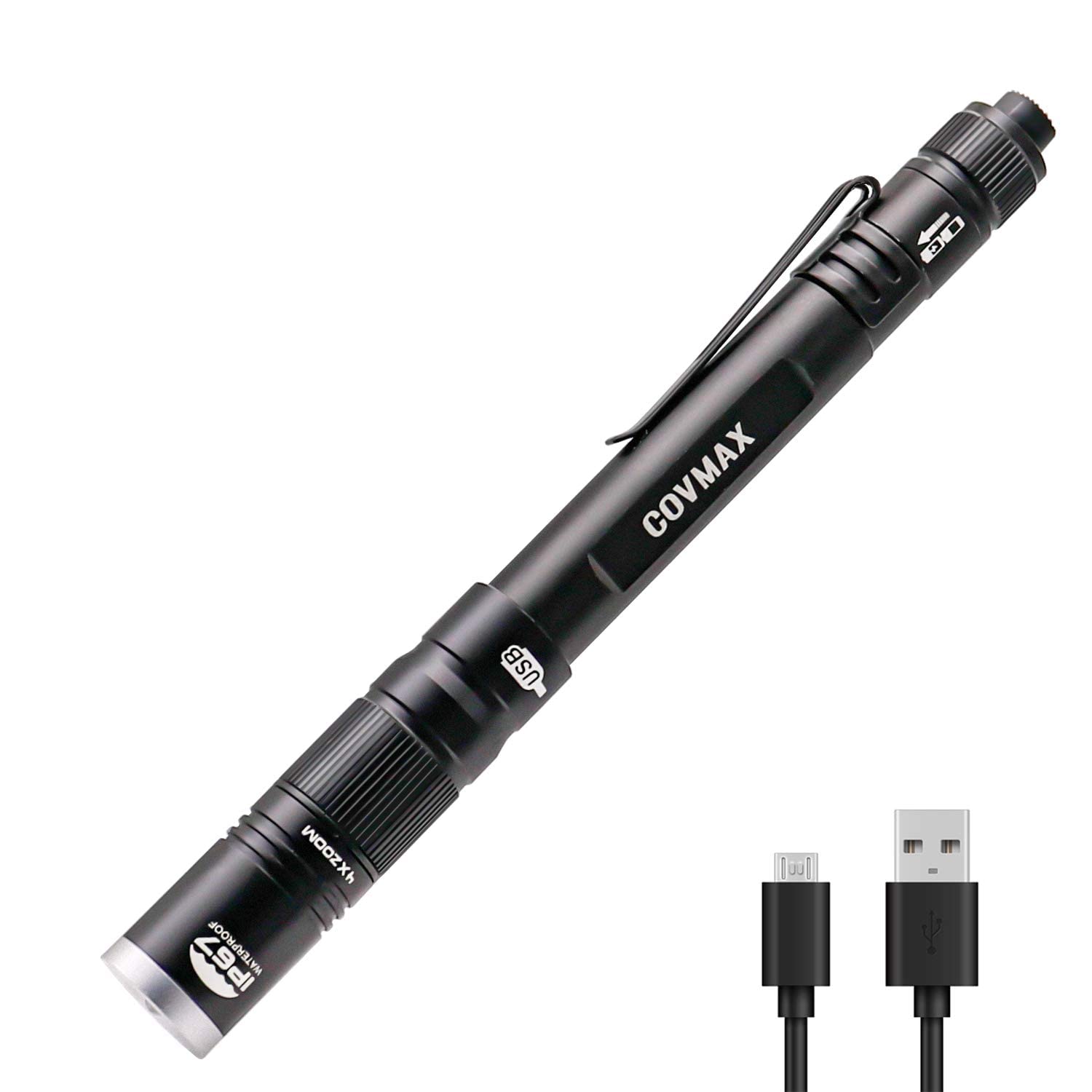 COVMAX Rechargeable Pen Light Flashlight, IP67 Waterproof, Aluminum, Black, 4-Zoomable for Inspection and Repair
