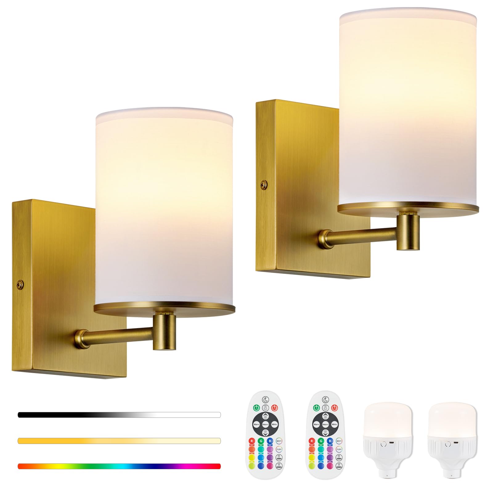 TERLEENART Battery Operated Wall Sconce Set of Two, RGB, Dimmable, Rechargeable, Antique Brass, Model TER-720-03-DP