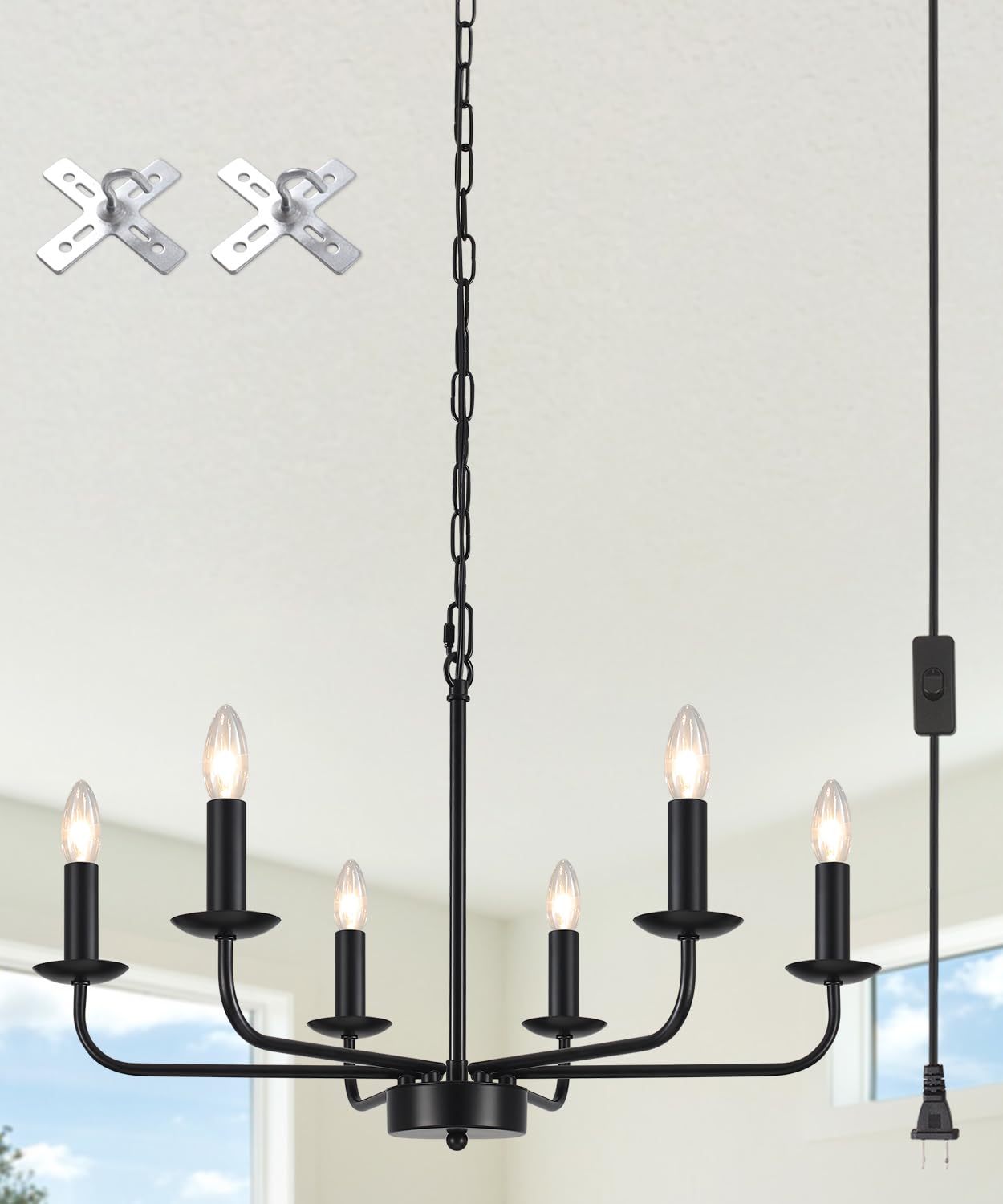 Zemsum 6-Light Plug-In Chandelier With Cord & Switch - Modern Hanging Lamp For Home Decor