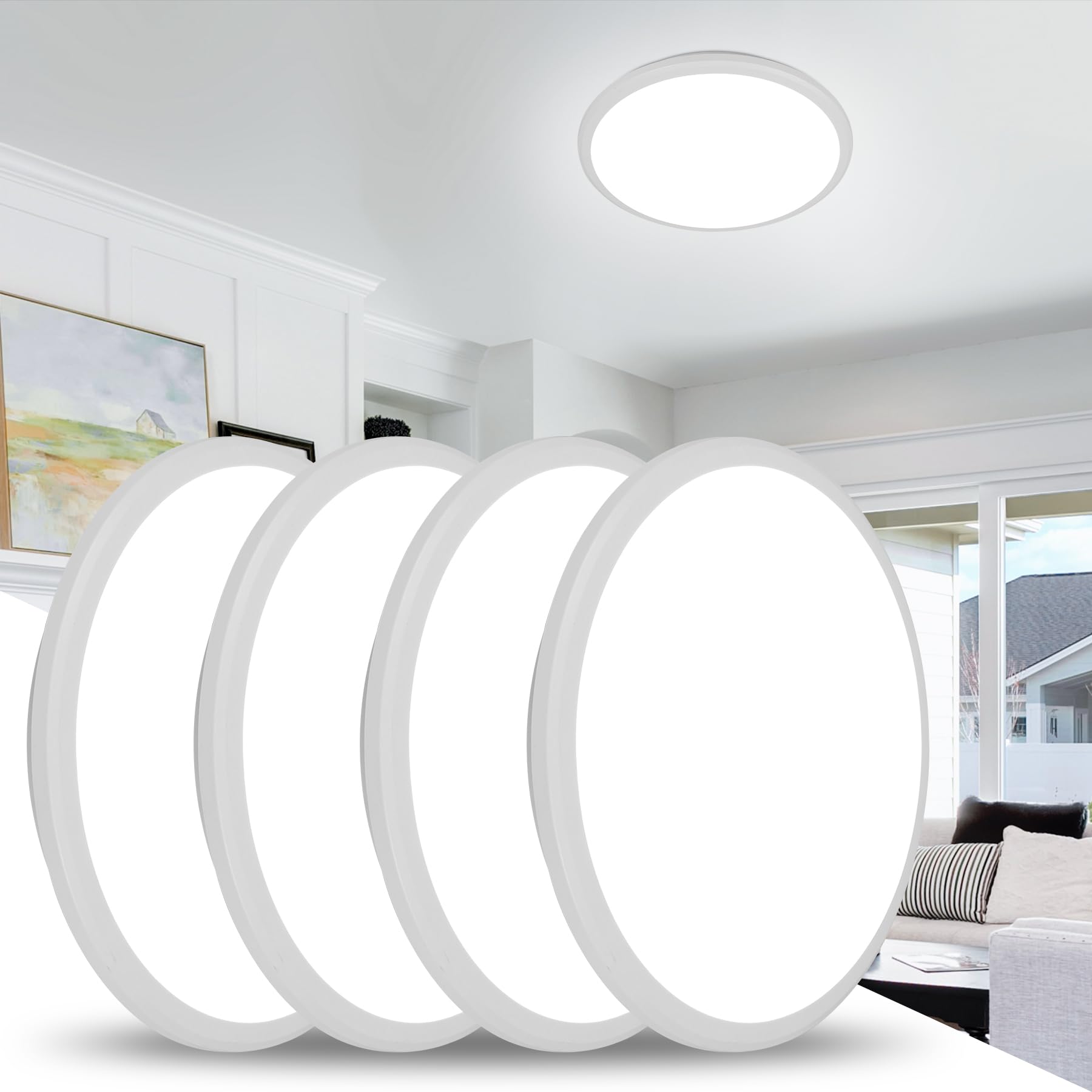 Tealight 4 Pack 12 Inch Round Led Ceiling Light Fixture, 6500K Daylight Outdoor/Indoor Ceiling Light Fixture, 24W Ip54 Waterproo