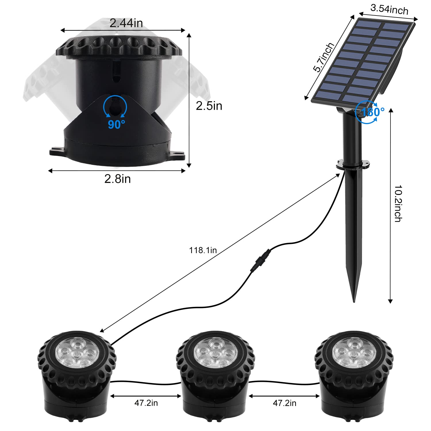 T-SUN Solar Fountain Lights Submersible LED Underwater Pond Lights IP68 Waterproof - 3 Lights RGB Model TS-S5405