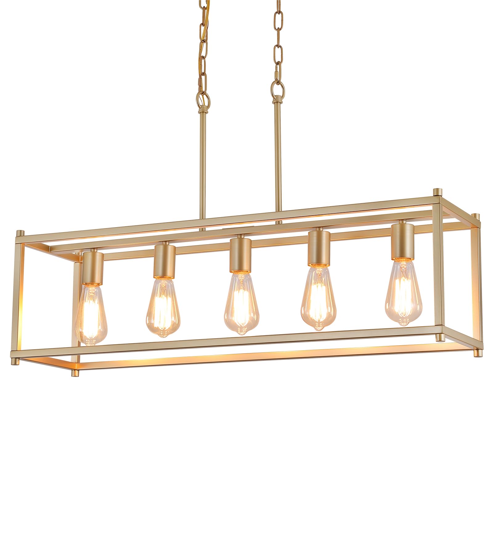 AMZASA Gold Industrial Chandelier, 5 Lights Rectangular Kitchen Island Light, UL Listed, Iron, 32.7x8.7x66.7 inches