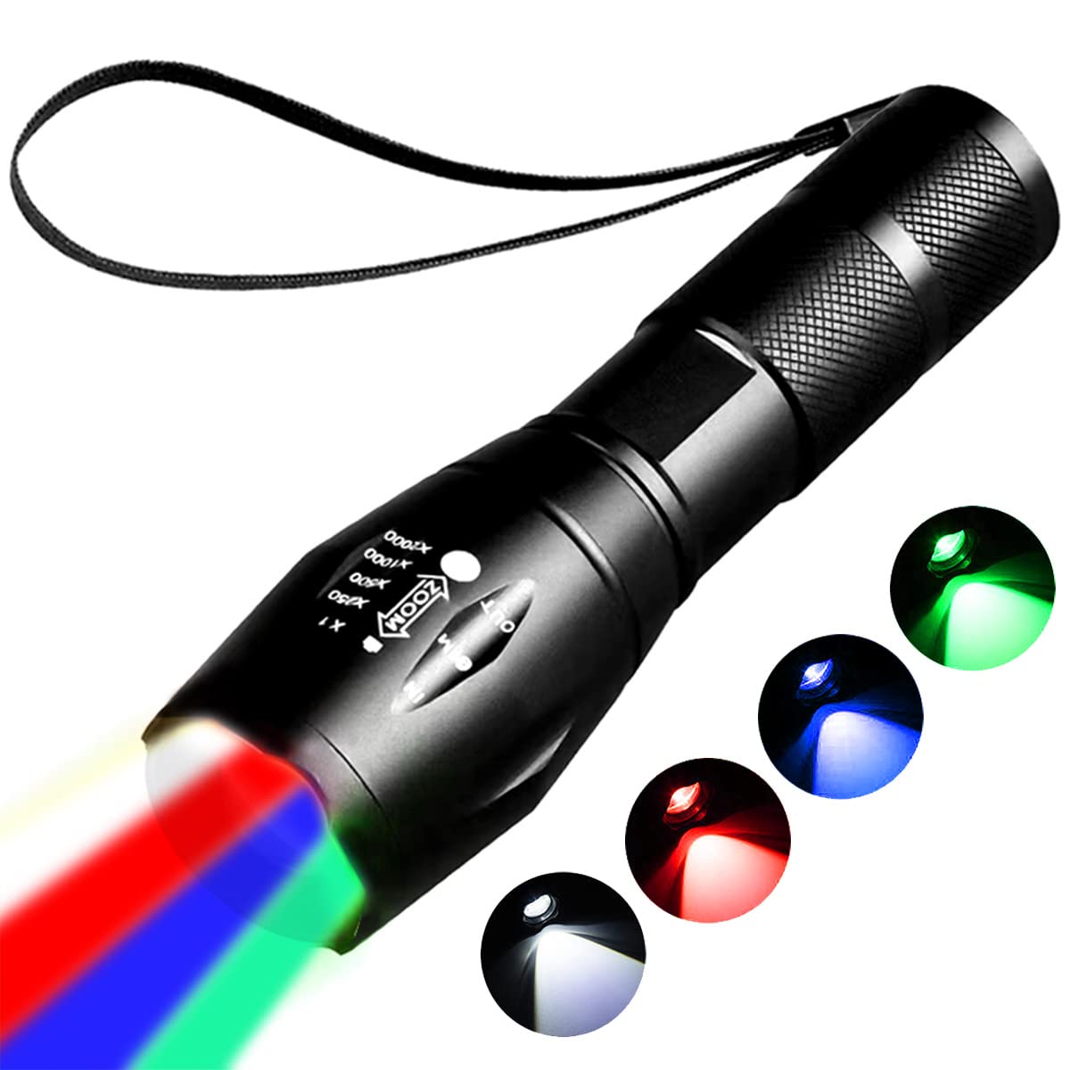 YZYOE Red Flashlight - 4 in 1 White, Red, Blue & Green Light, 4 Modes