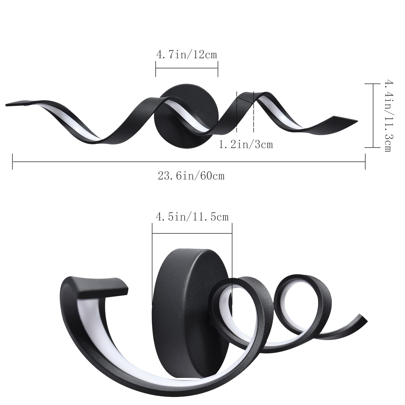 Huoku 24" Dimmable Black Led Bathroom Vanity Light Fixture, 15W Spiral Design, 6000K