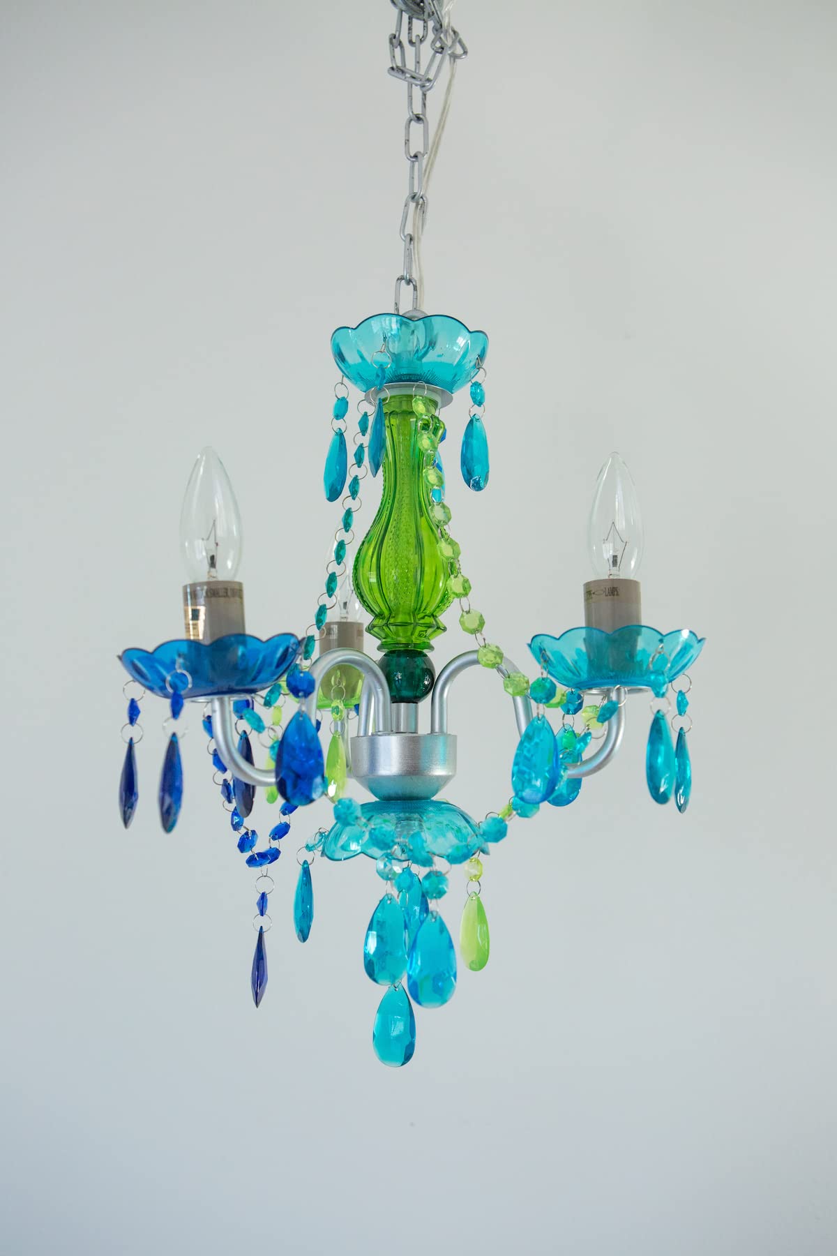 Gypsy Color Plug-In 3-Light Chandelier, Blue Green Glass, Silver Metal Frame, H17”Xw12”, Model Gymibg