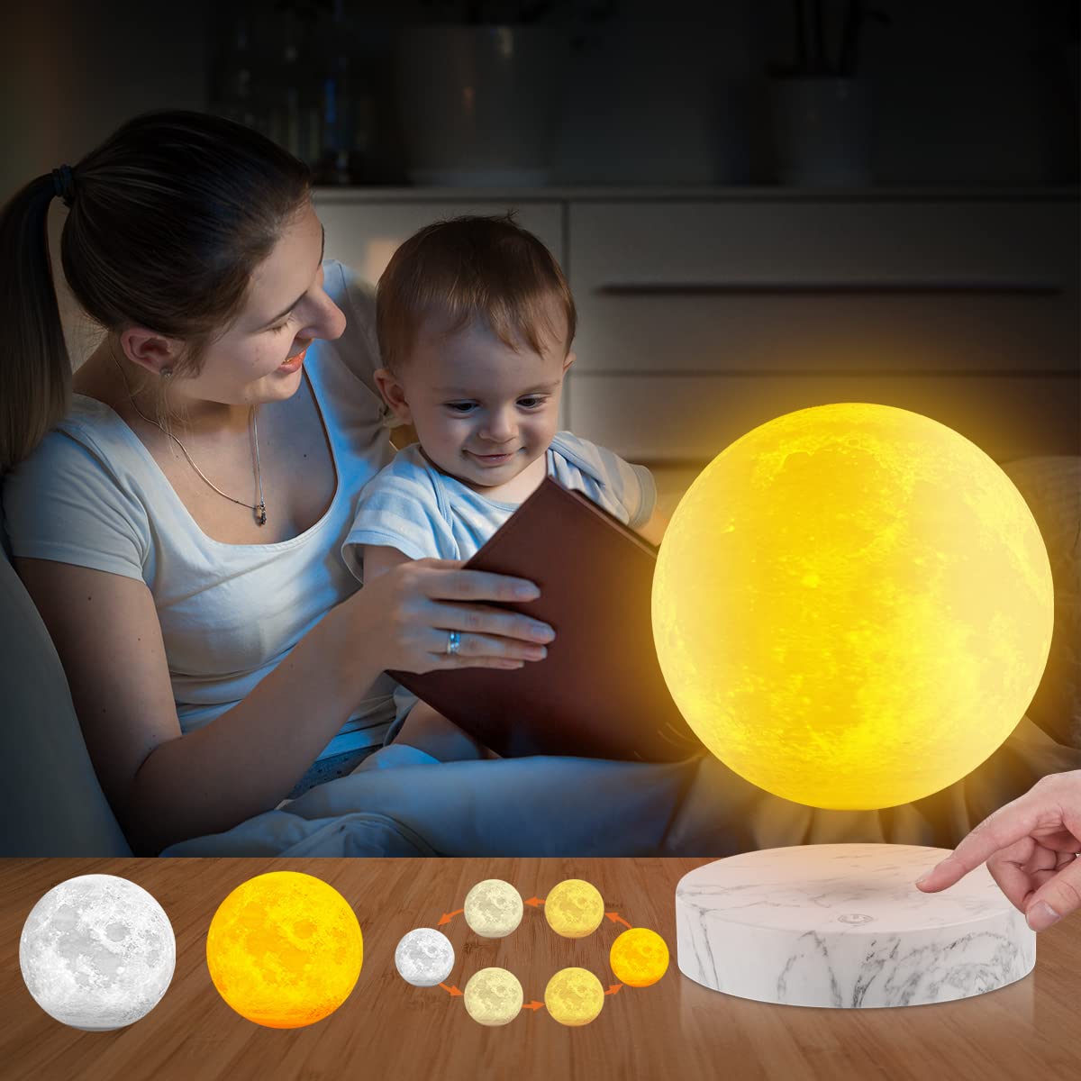 Vgazer Levitating Moon Lamp,Floating And Spinning In Air Freely With 3D Printing Led Moon Light Has 3 Colors For Unique Christma