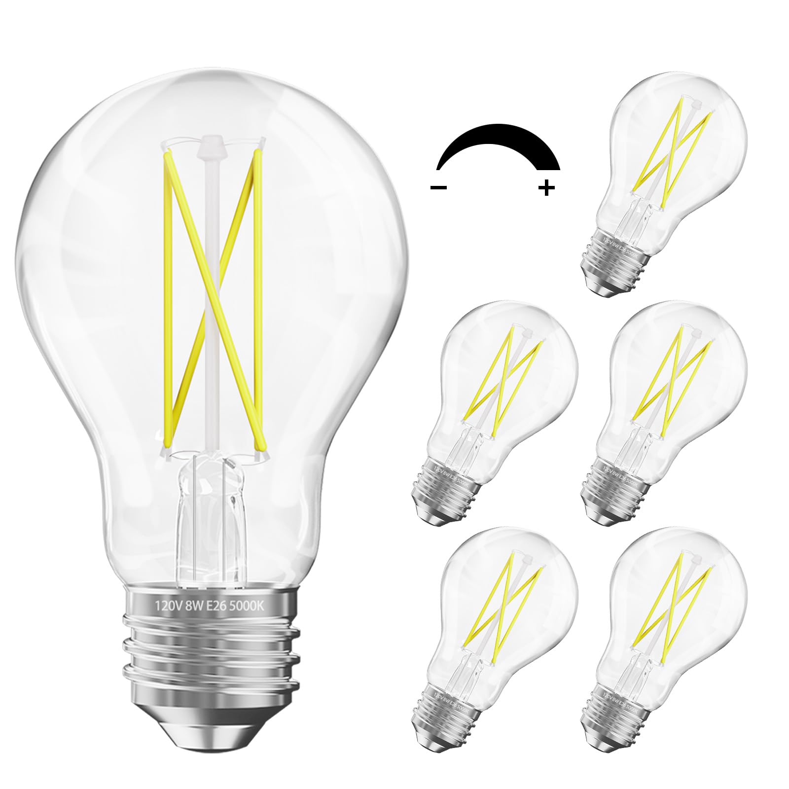 DAYGameTER 6 Pack A19 Vintage LED Edison Bulbs  60W Equivalent Dimmable LED Bulbs  High Brightness 5000K Daylight  800 Lumens  8W E26 Standard Base  Ultra-Bright  CRI80+  Clear Glass Filament Bulb