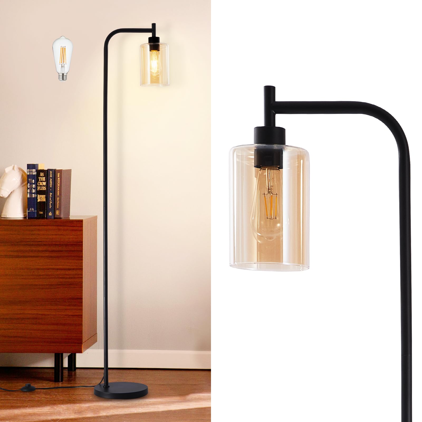 DINGLILIGHTING Tall Floor Lamp - Black Metal with Amber Glass Shade, Model WSFLL005-BK-3, Ideal for Living Room or Office