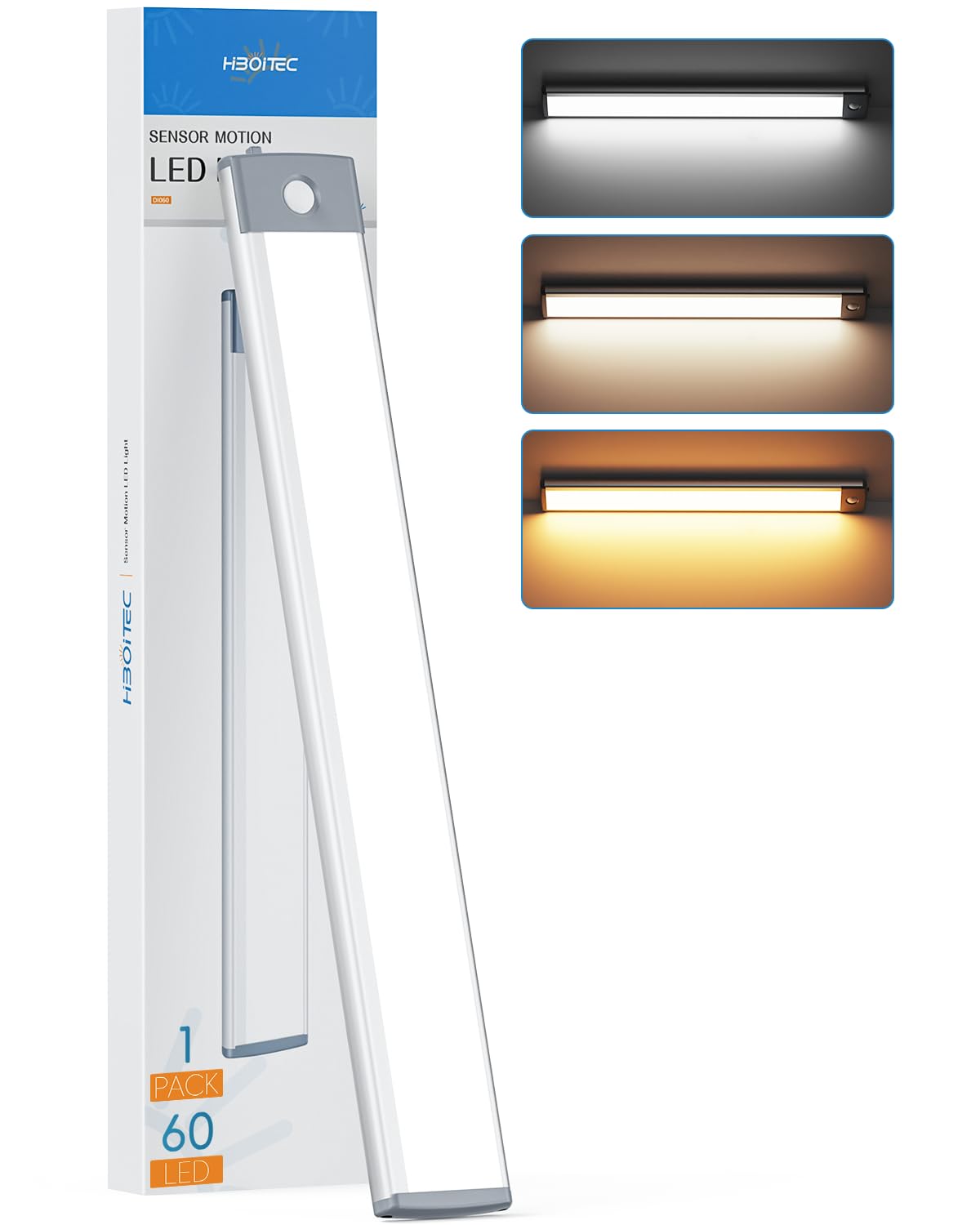 HIBOITEC 60 LED Under Cabinet Lights, 3 Color Temperatures Motion Sensor Light Indoor, 2500mAh Rechargeable Stepless Dimmable Cl