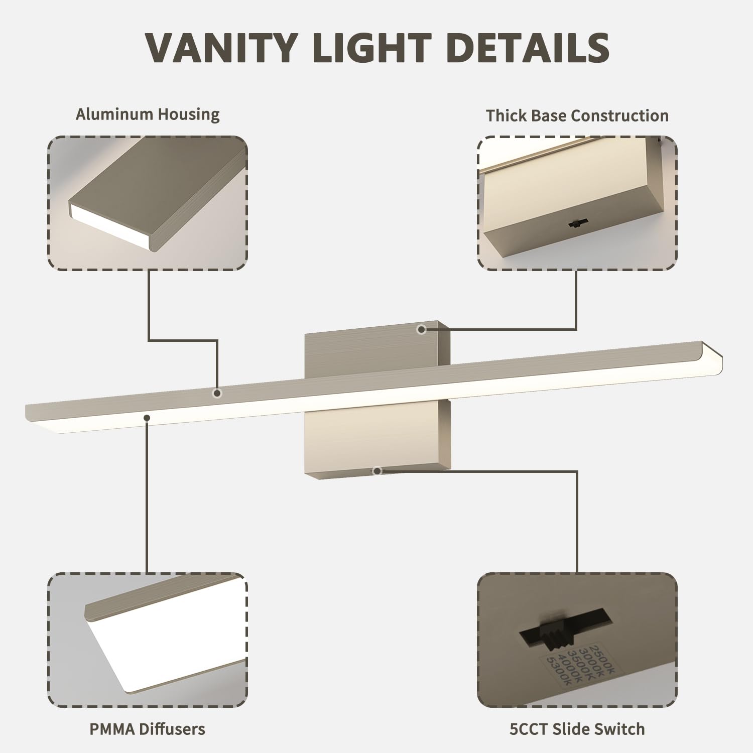 JUSHENG Vanity Light Bar, 24W Dimmable LED, Brushed Nickel, 24in  Long, ETL Certified, Model 6330