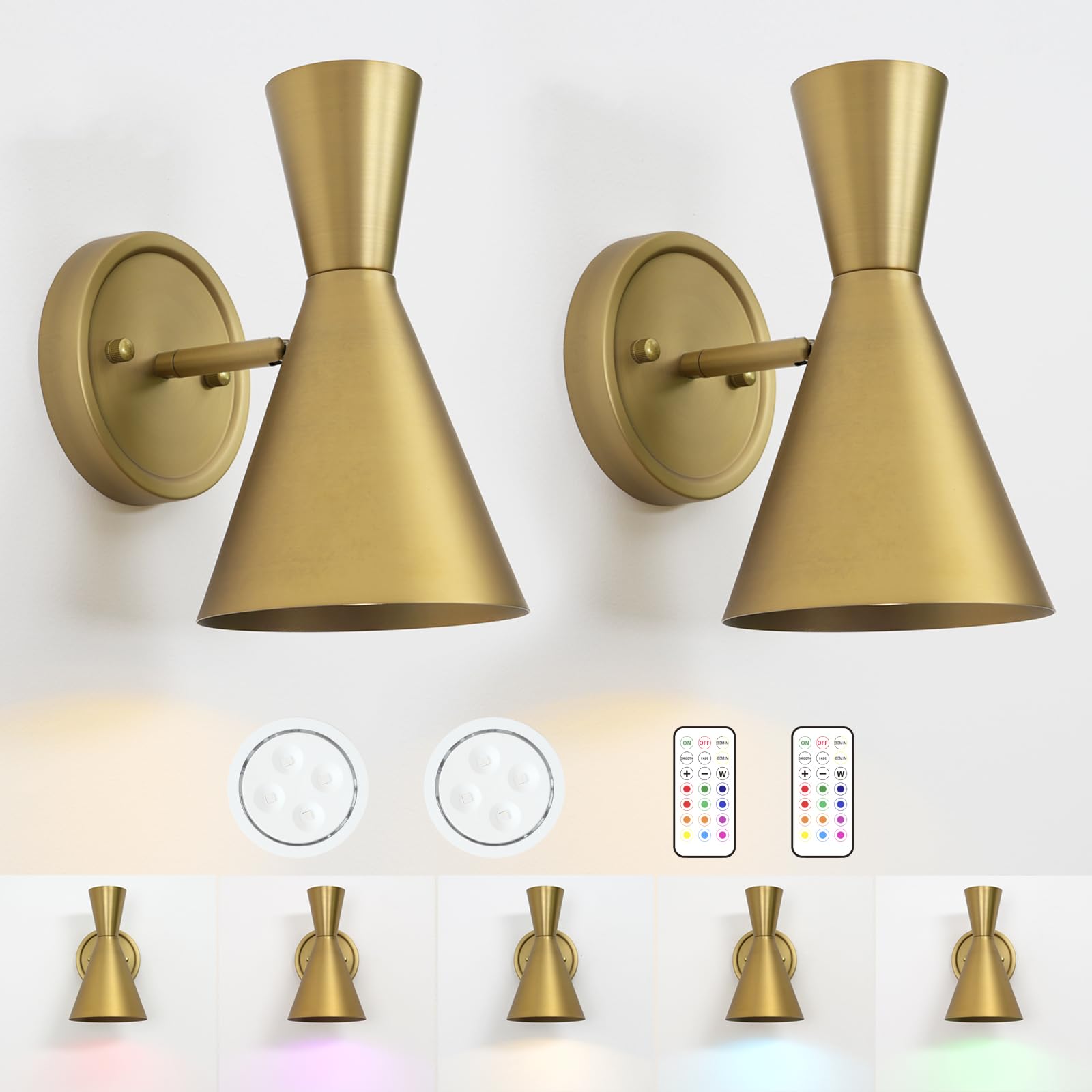 Heqiqeh Modern Battery Powered Wall Sconces Light Set Of 2 With Flared Funnel Metal Shade, 13 Rgb Remote Control Dimmable Adjust